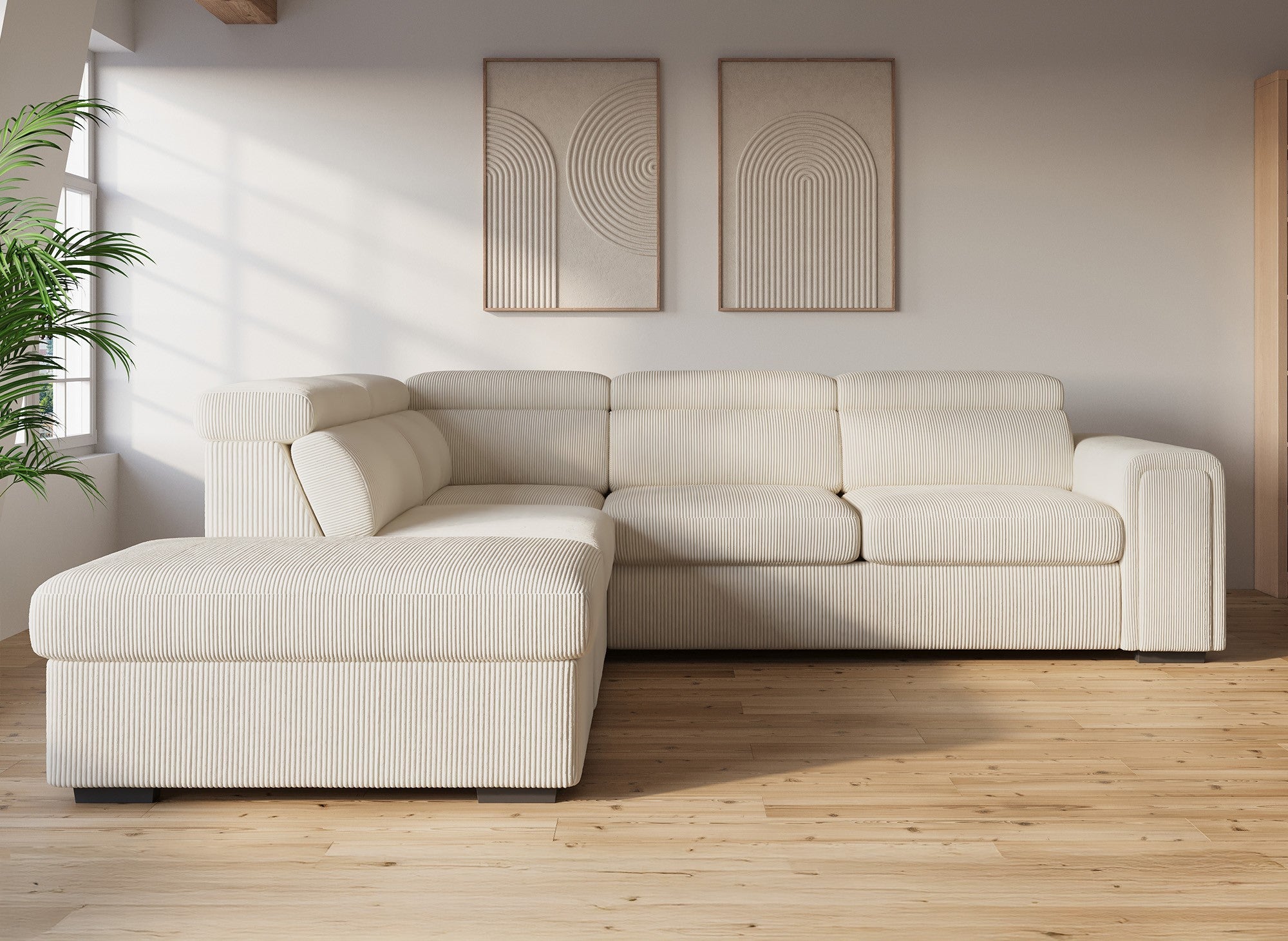 ZENOVA Ecksofa aus dickem, beigefarbenem Cord mit Stauraum – Linke Ecke