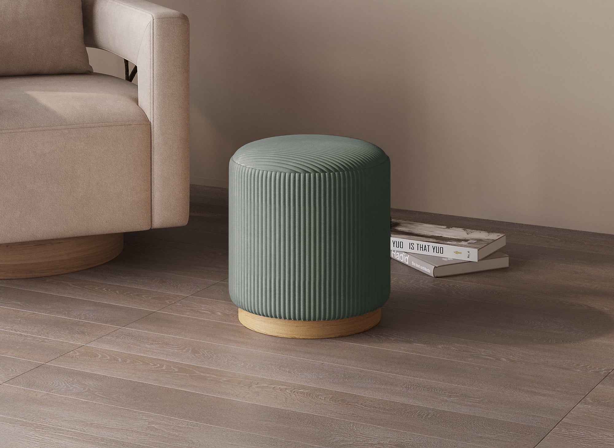 NAORA Designer-Pouf aus wassergrünem Cord mit Holzbeinen