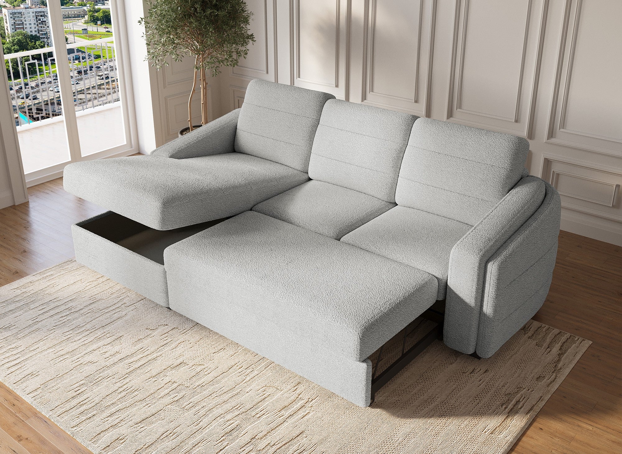 CALANDRA umwandelbares Ecksofa mit Stauraum aus hellgrauem Bouclé-Stoff – Linke Ecke
