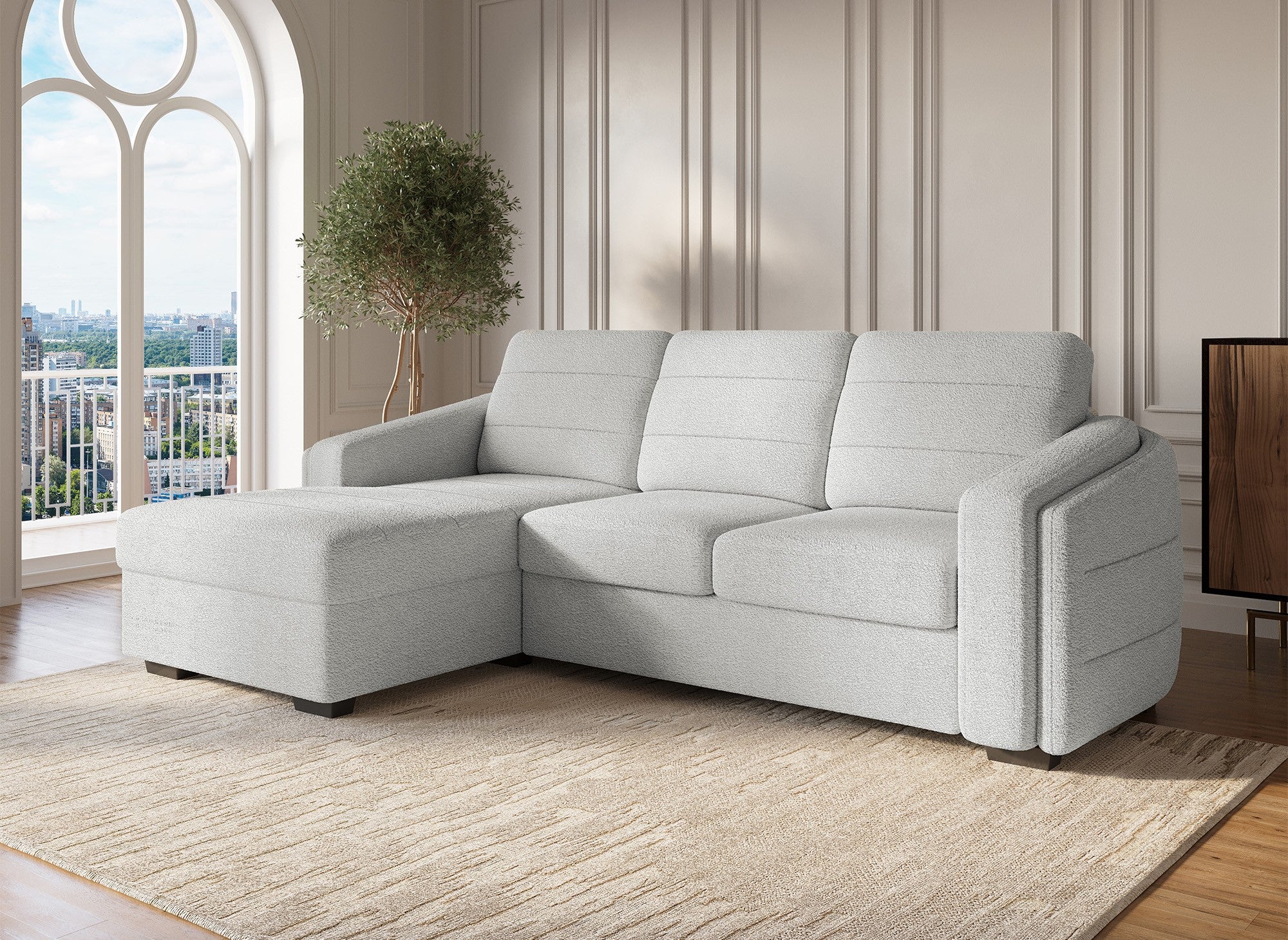 CALANDRA umwandelbares Ecksofa mit Stauraum aus hellgrauem Bouclé-Stoff – Linke Ecke