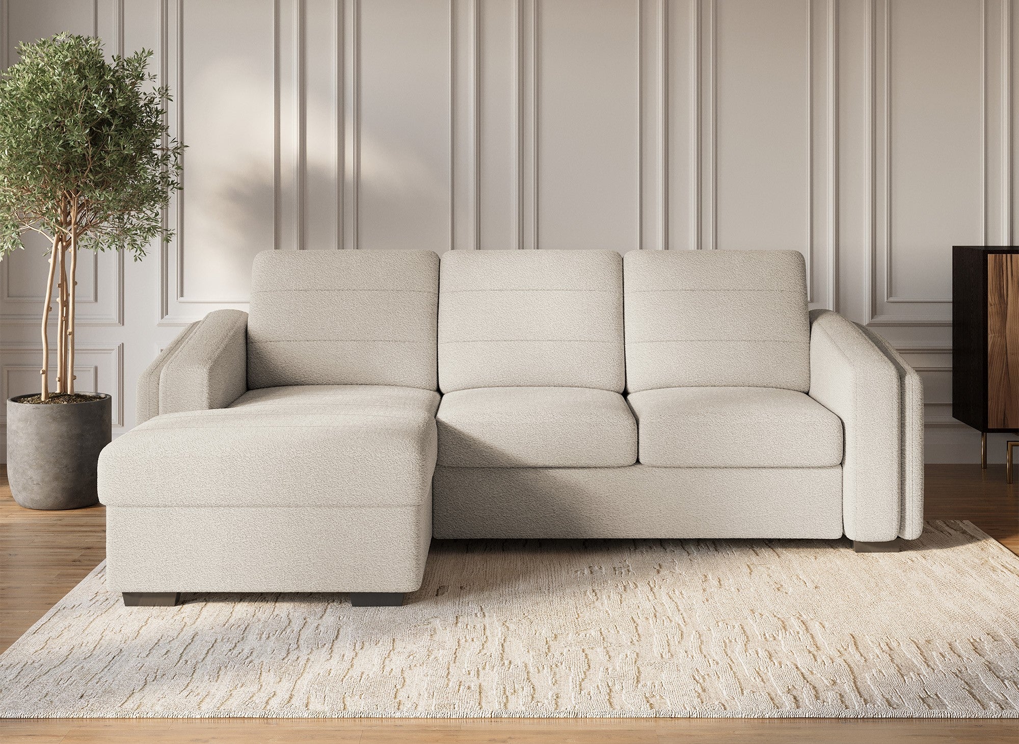 CALANDRA umwandelbares Ecksofa mit Stauraum aus beigem Bouclé-Stoff – Linke Ecke