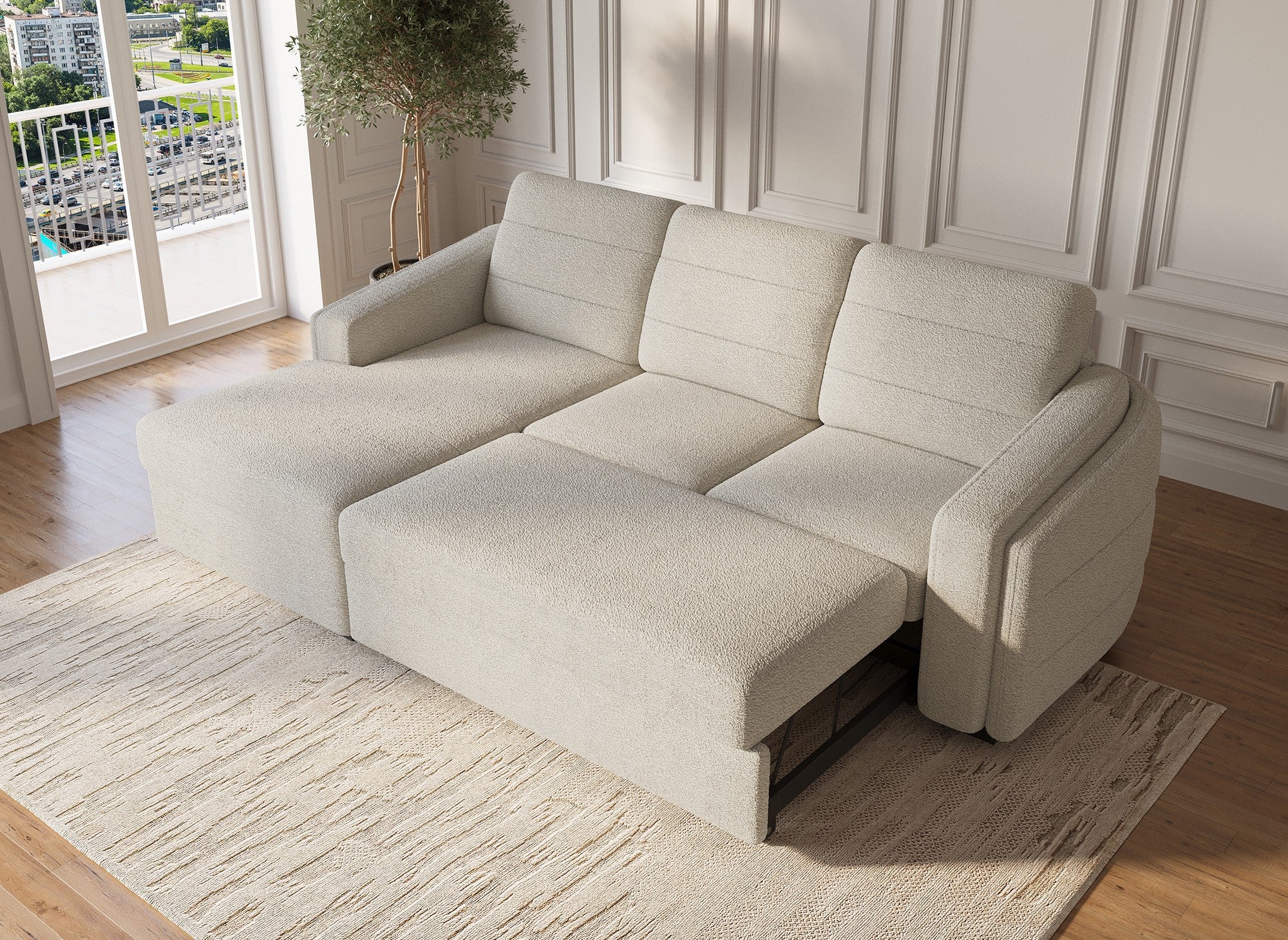 CALANDRA umwandelbares Ecksofa mit Stauraum aus beigem Bouclé-Stoff – Linke Ecke