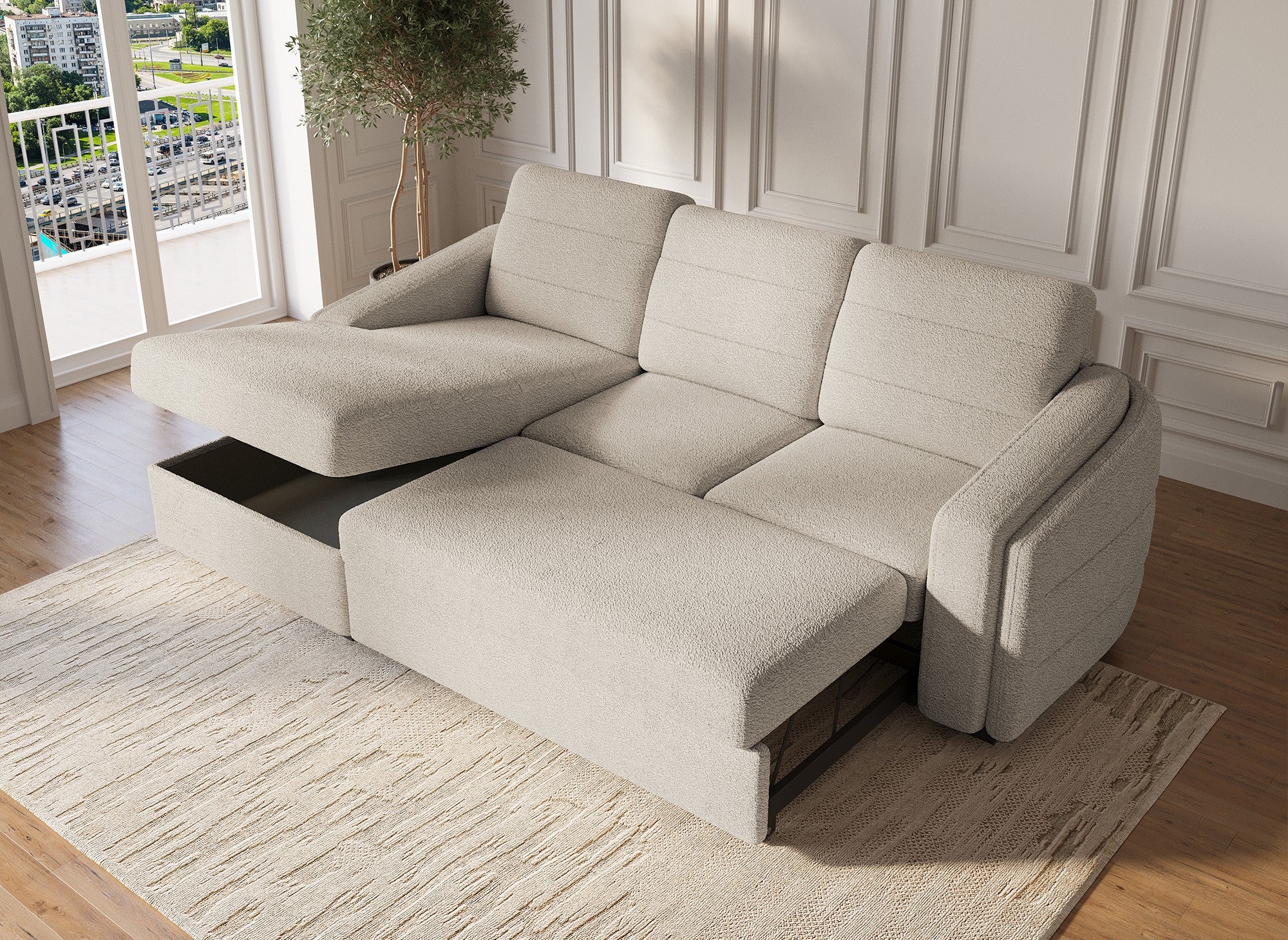 CALANDRA umwandelbares Ecksofa mit Stauraum aus beigem Bouclé-Stoff – Linke Ecke