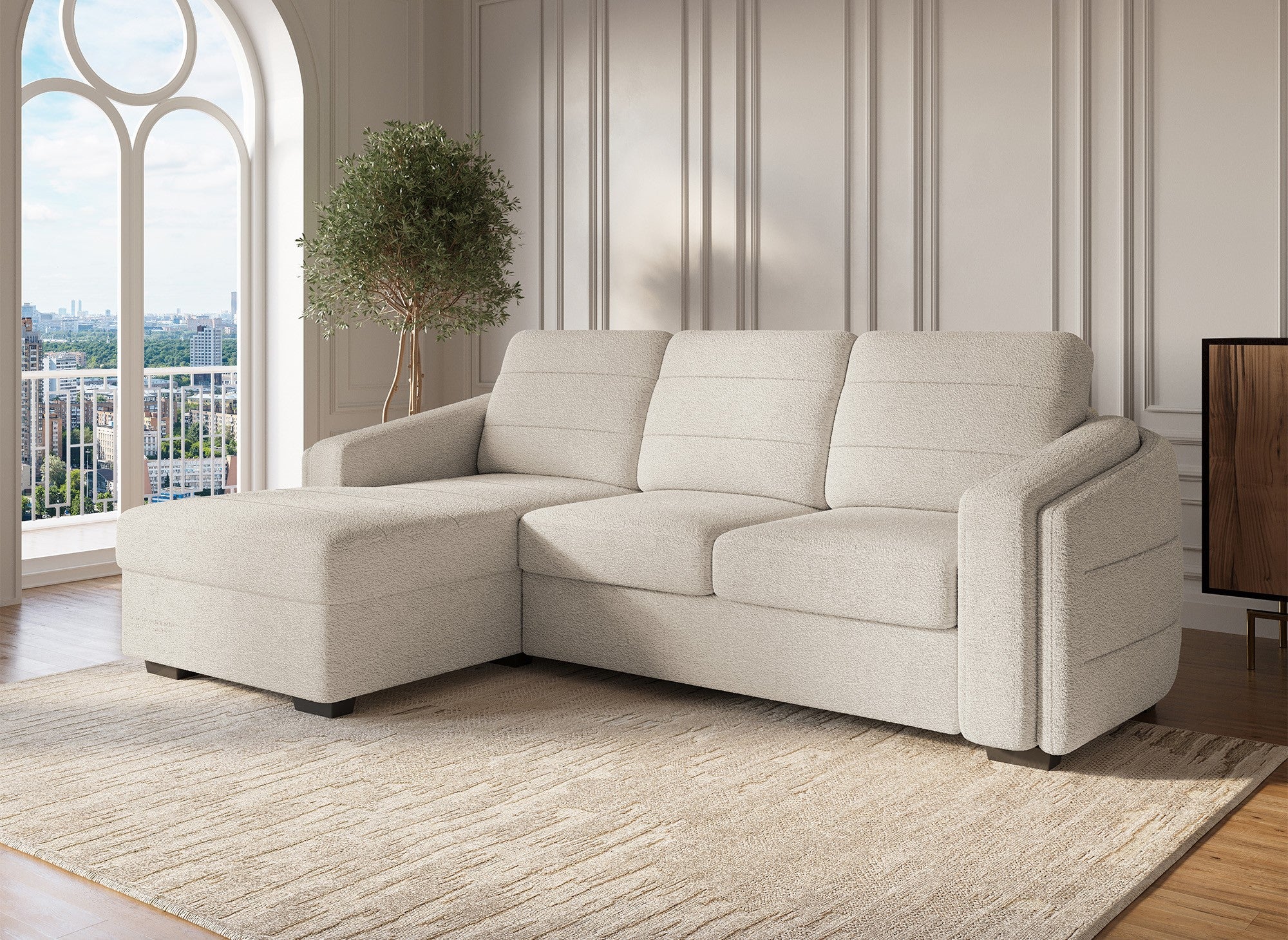 CALANDRA umwandelbares Ecksofa mit Stauraum aus beigem Bouclé-Stoff – Linke Ecke