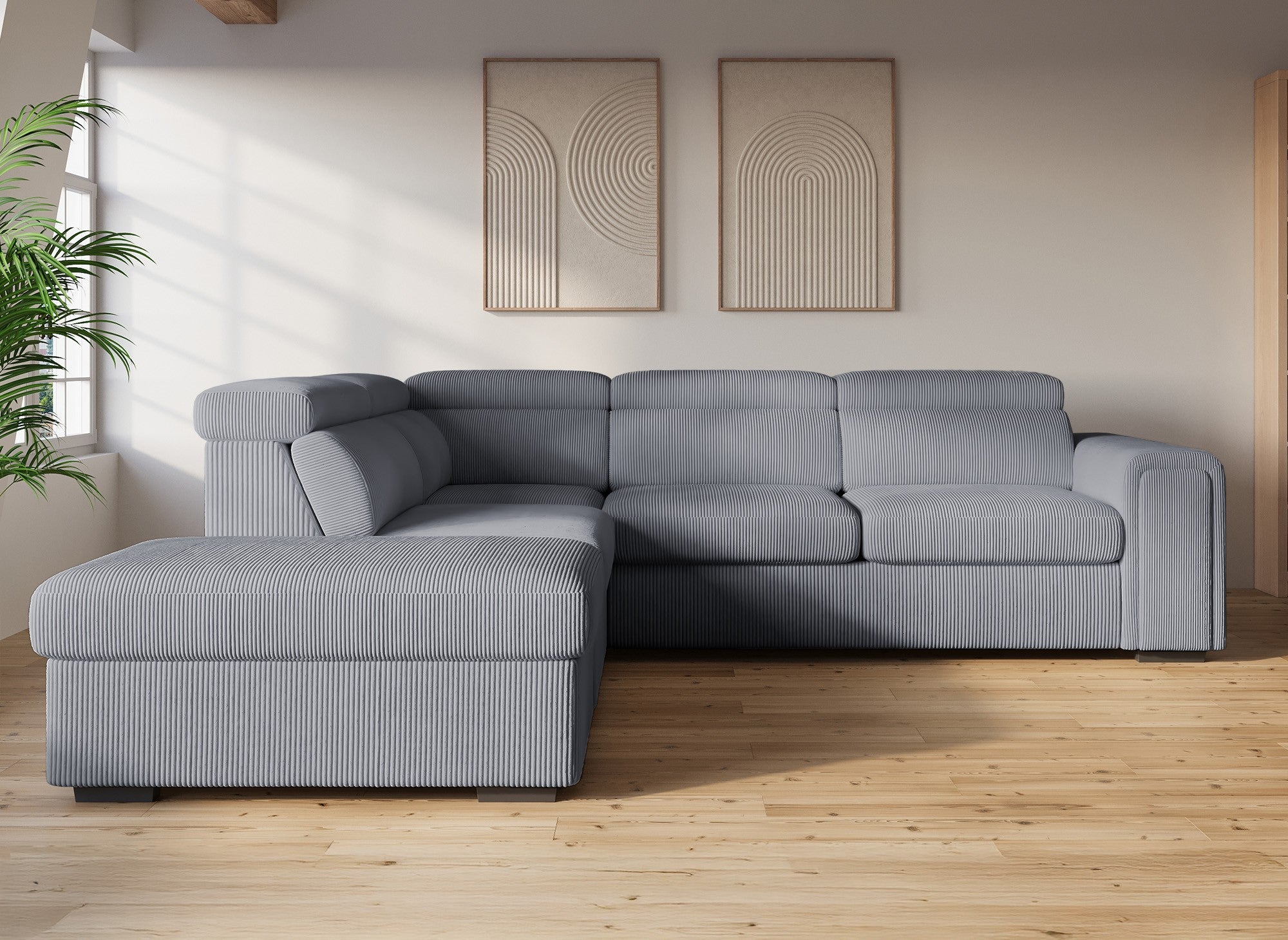 ZENOVA Ecksofa aus dickem grauem Cord mit Stauraum – Linke Ecke