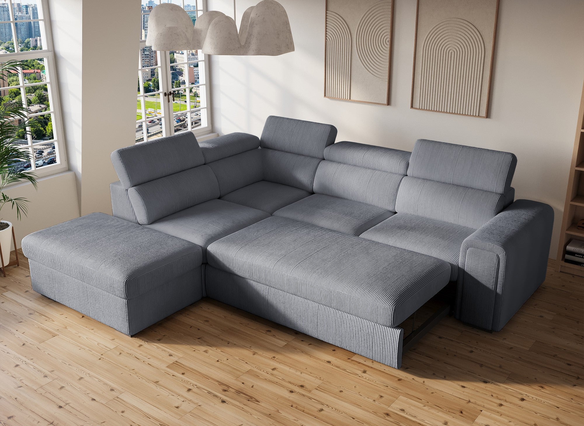 ZENOVA Ecksofa aus dickem grauem Cord mit Stauraum – Linke Ecke