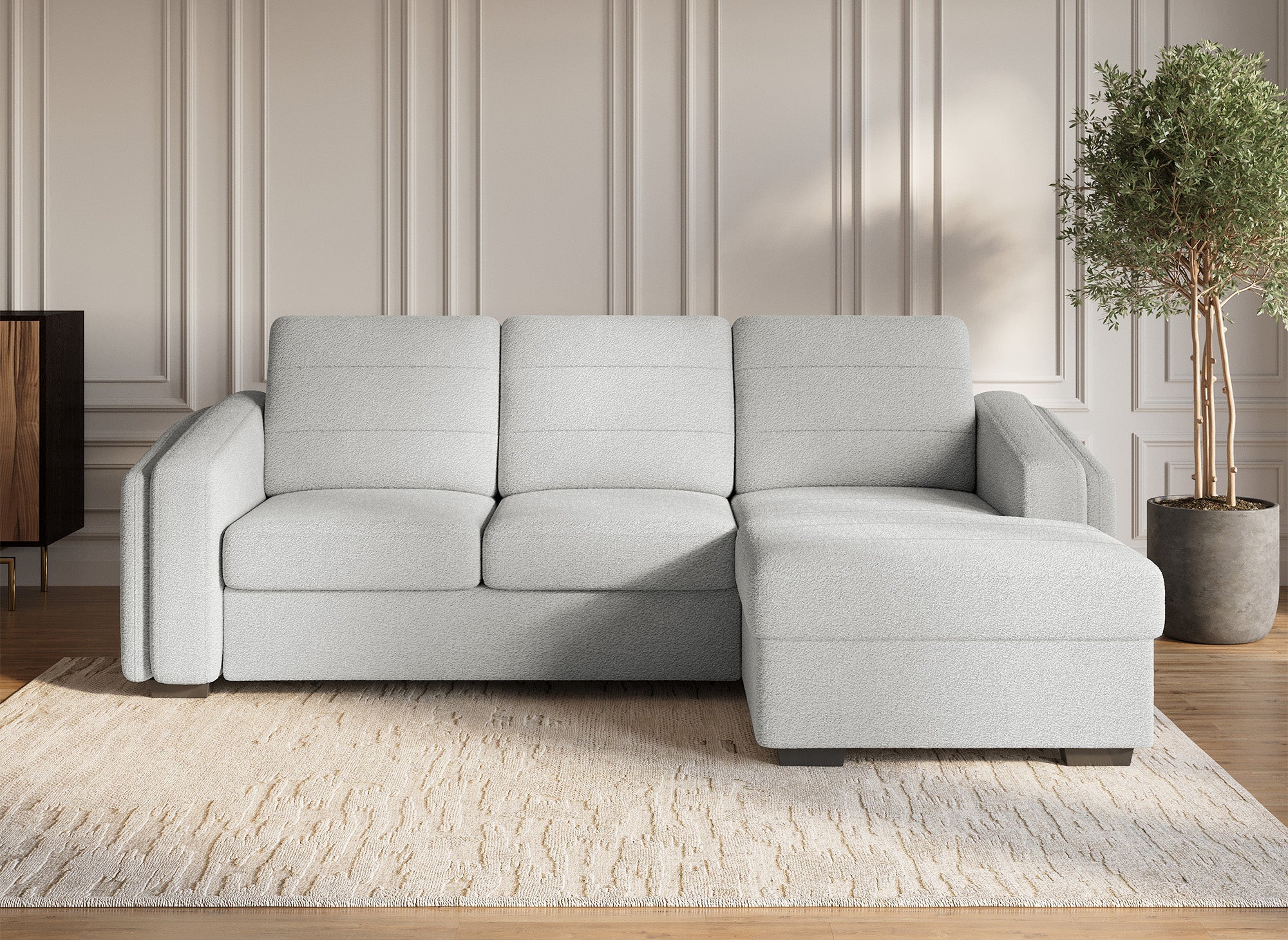 CALANDRA umwandelbares Ecksofa mit Stauraum aus hellgrauem Bouclé-Stoff - Rechtwinklig