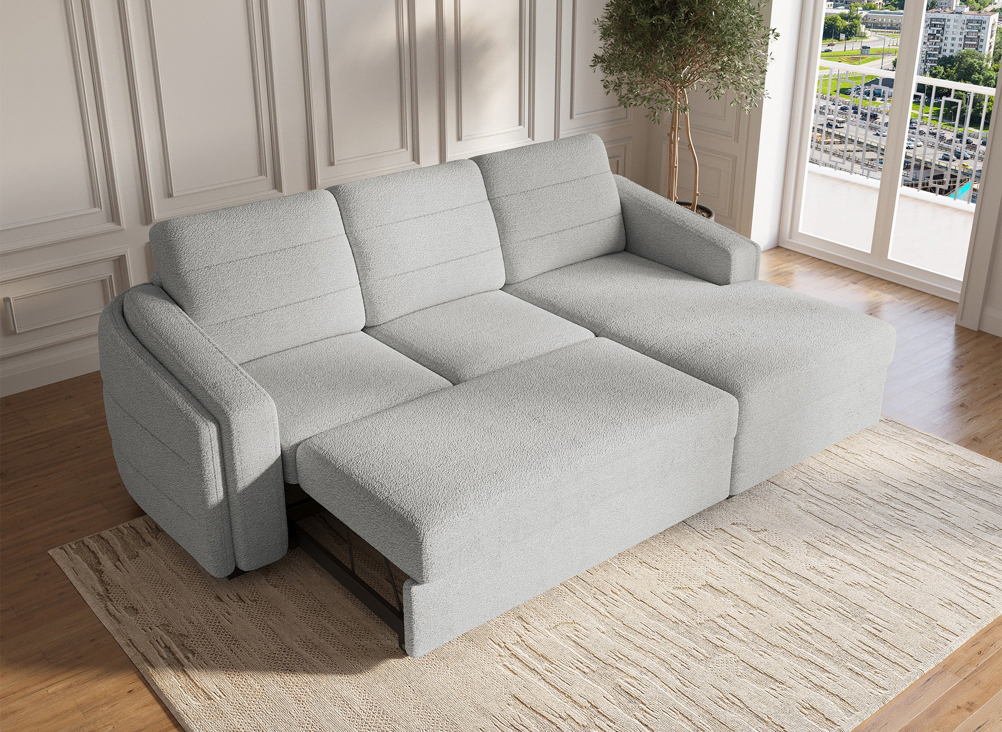 CALANDRA umwandelbares Ecksofa mit Stauraum aus hellgrauem Bouclé-Stoff - Rechtwinklig