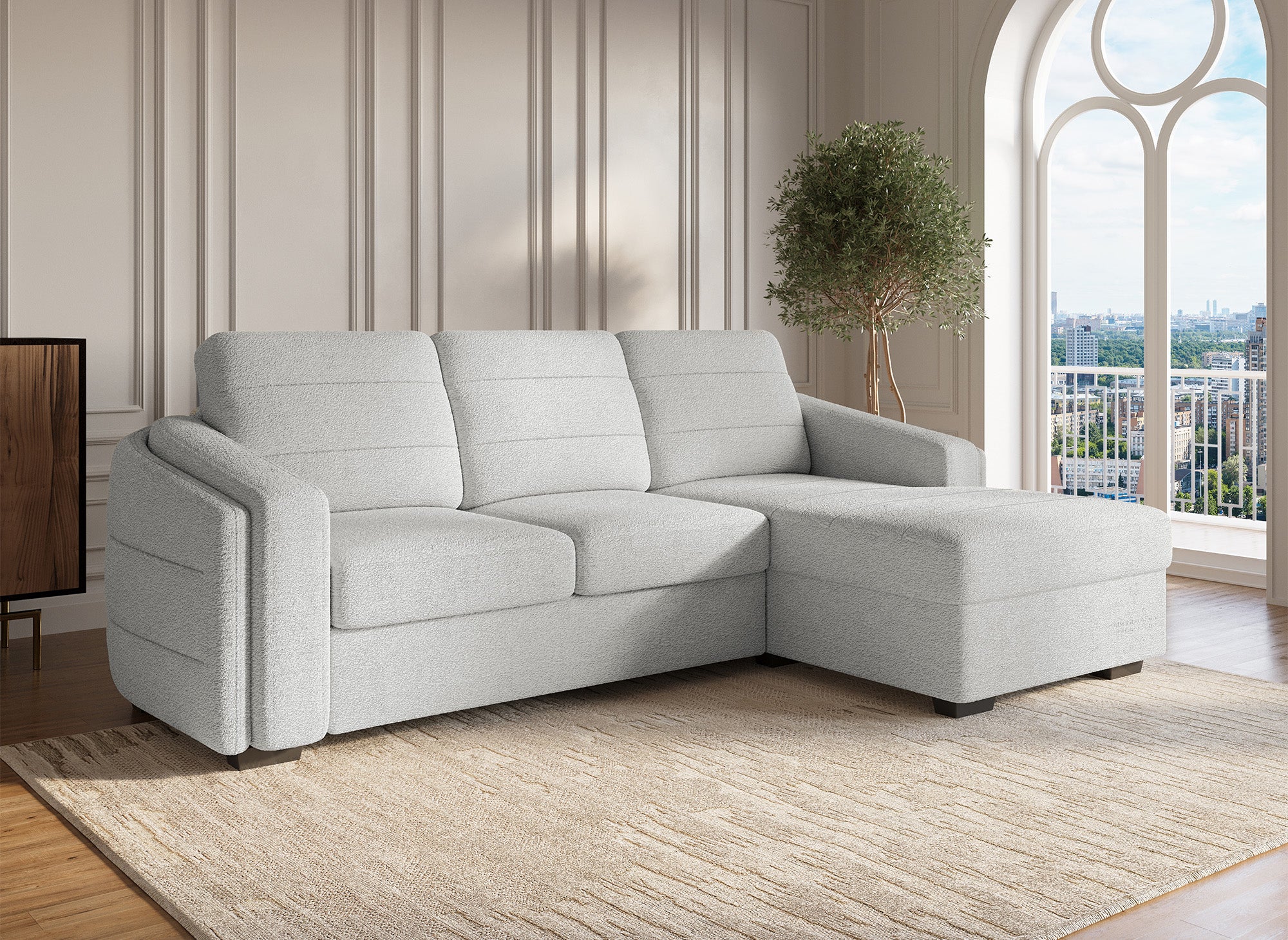 CALANDRA umwandelbares Ecksofa mit Stauraum aus hellgrauem Bouclé-Stoff - Rechtwinklig