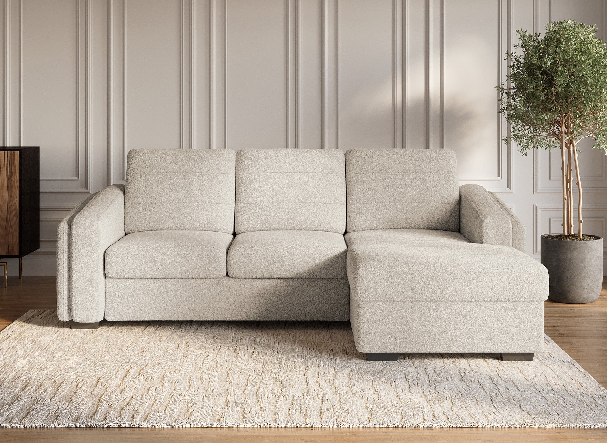 CALANDRA umwandelbares Ecksofa mit Stauraum aus beigem Bouclé-Stoff - Rechtwinklig