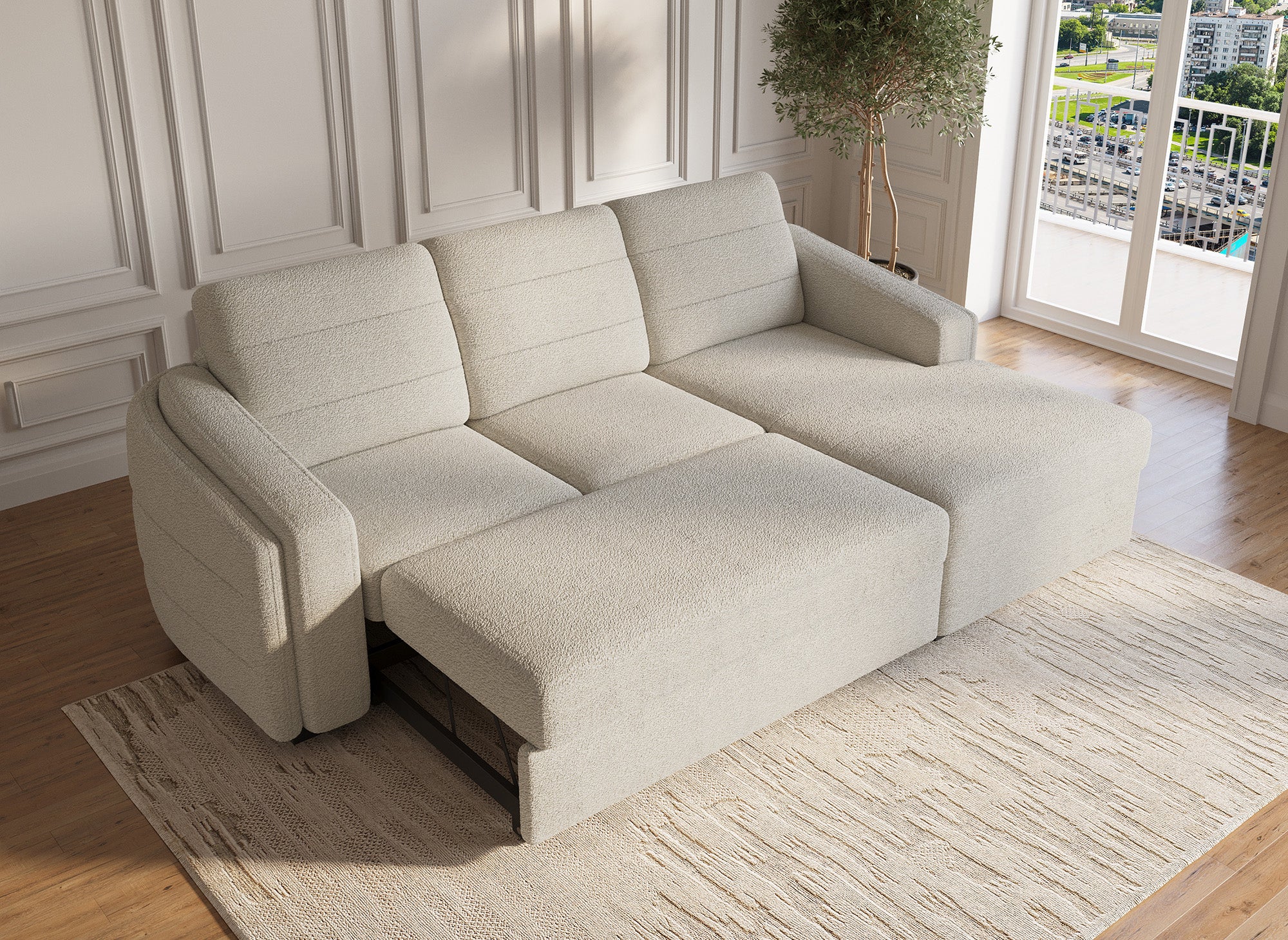 CALANDRA umwandelbares Ecksofa mit Stauraum aus beigem Bouclé-Stoff - Rechtwinklig
