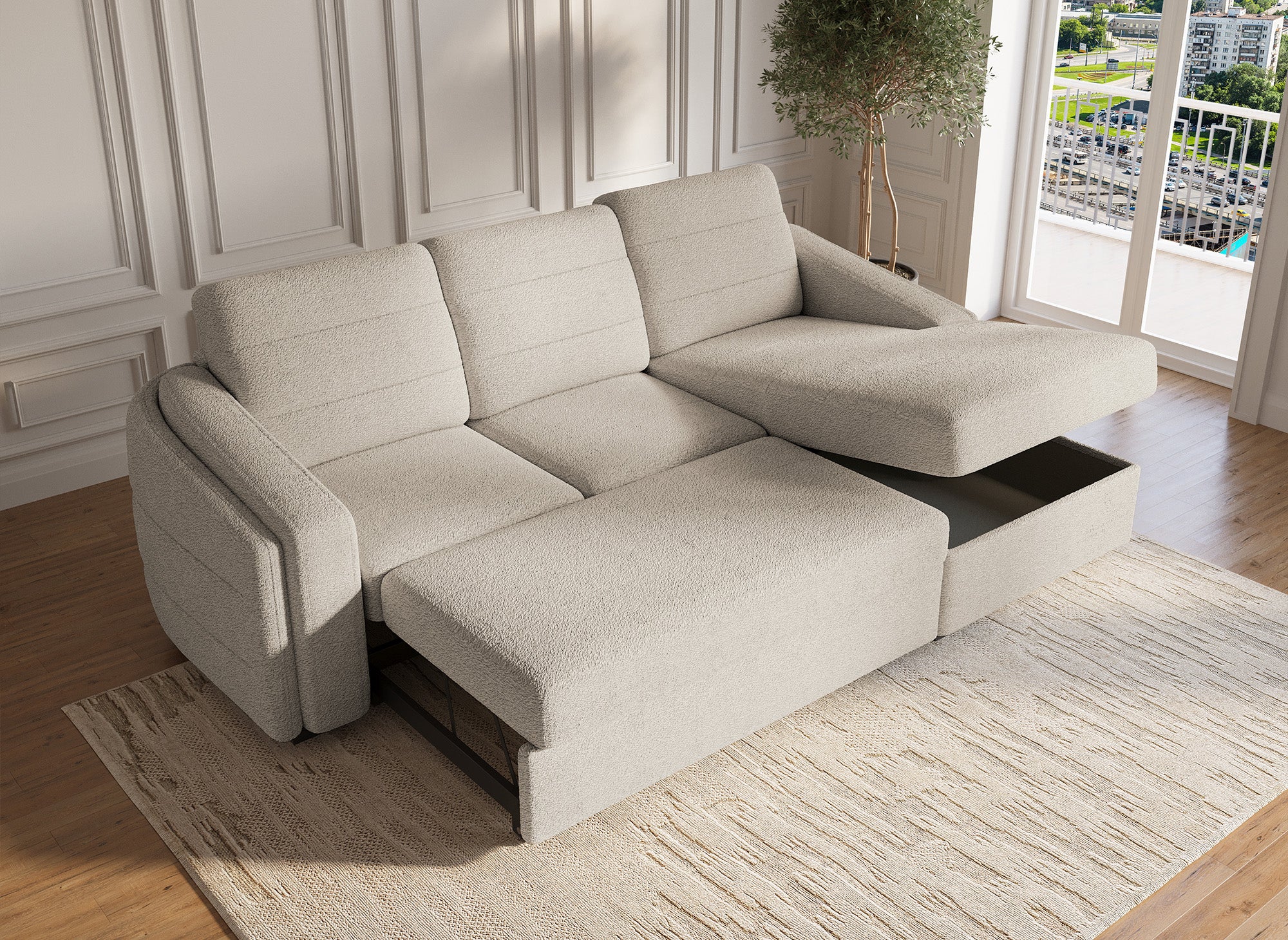 CALANDRA umwandelbares Ecksofa mit Stauraum aus beigem Bouclé-Stoff - Rechtwinklig