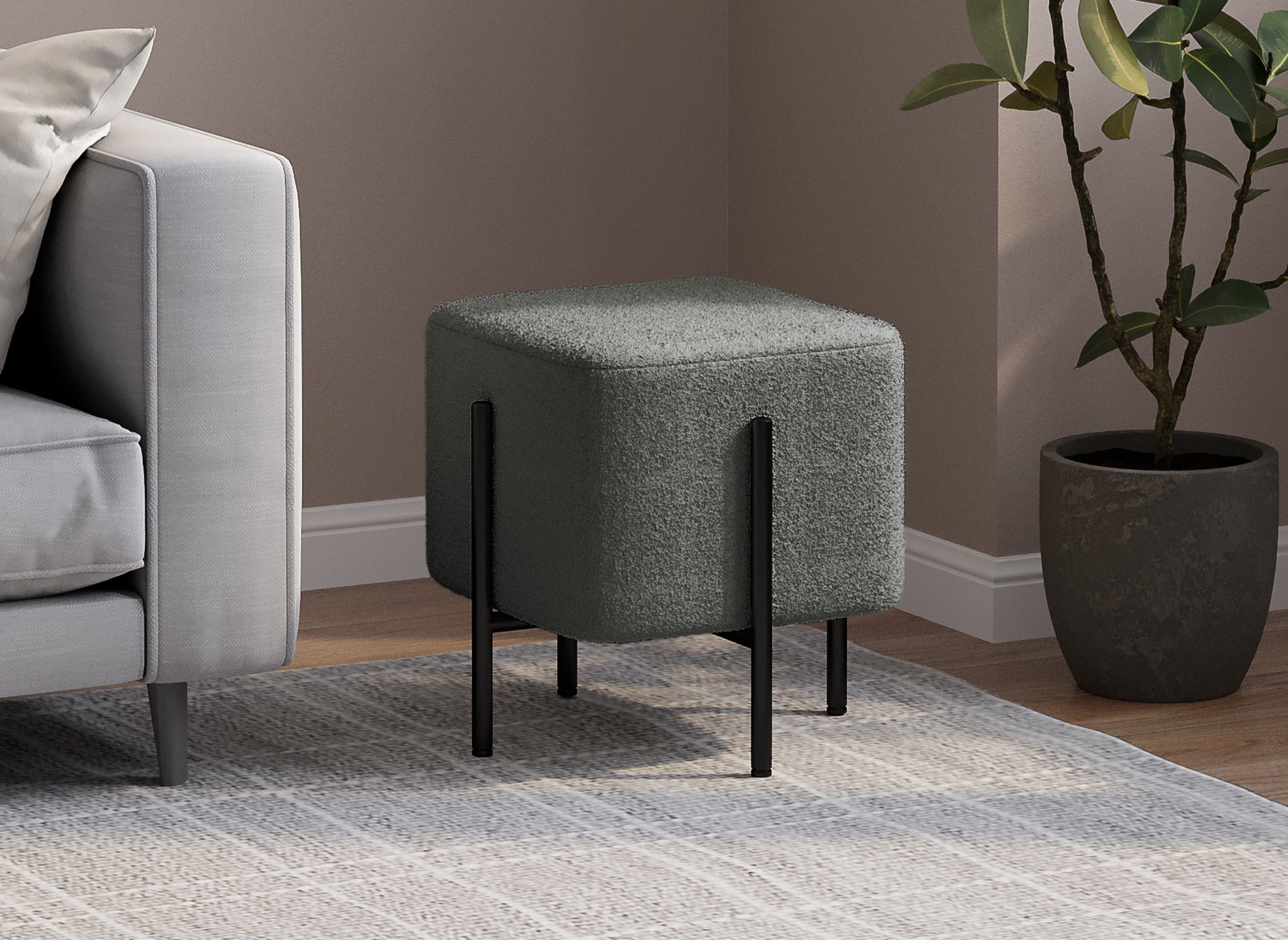 Quadratischer Pouf aus grauem Frotteestoff und schwarzen Metallbeinen CUBIC