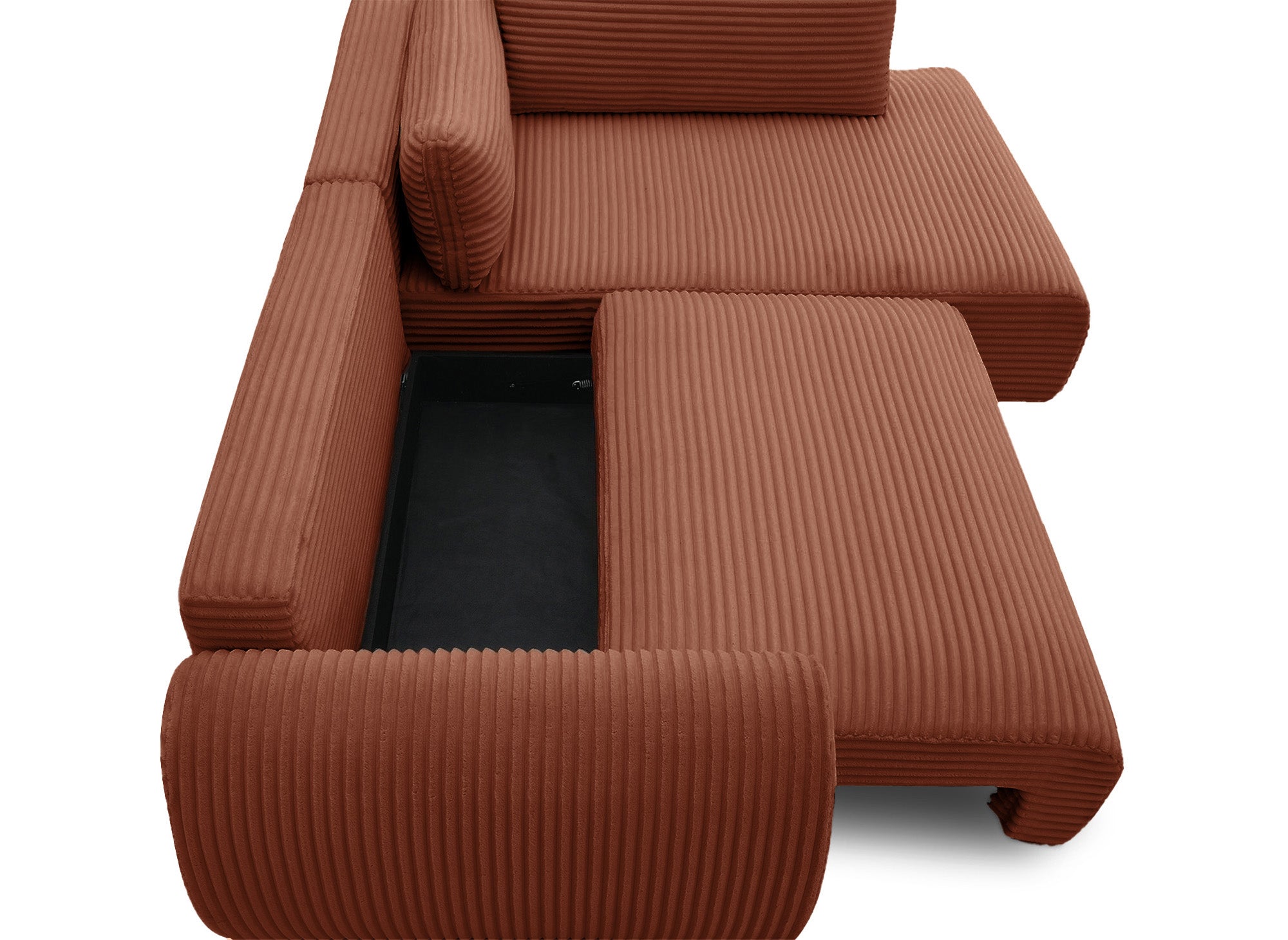 TILDA Terrakotta geripptes Ecksofa mit Schlaffunktion, Chaiselongue und Stauraum – rechter Winkel