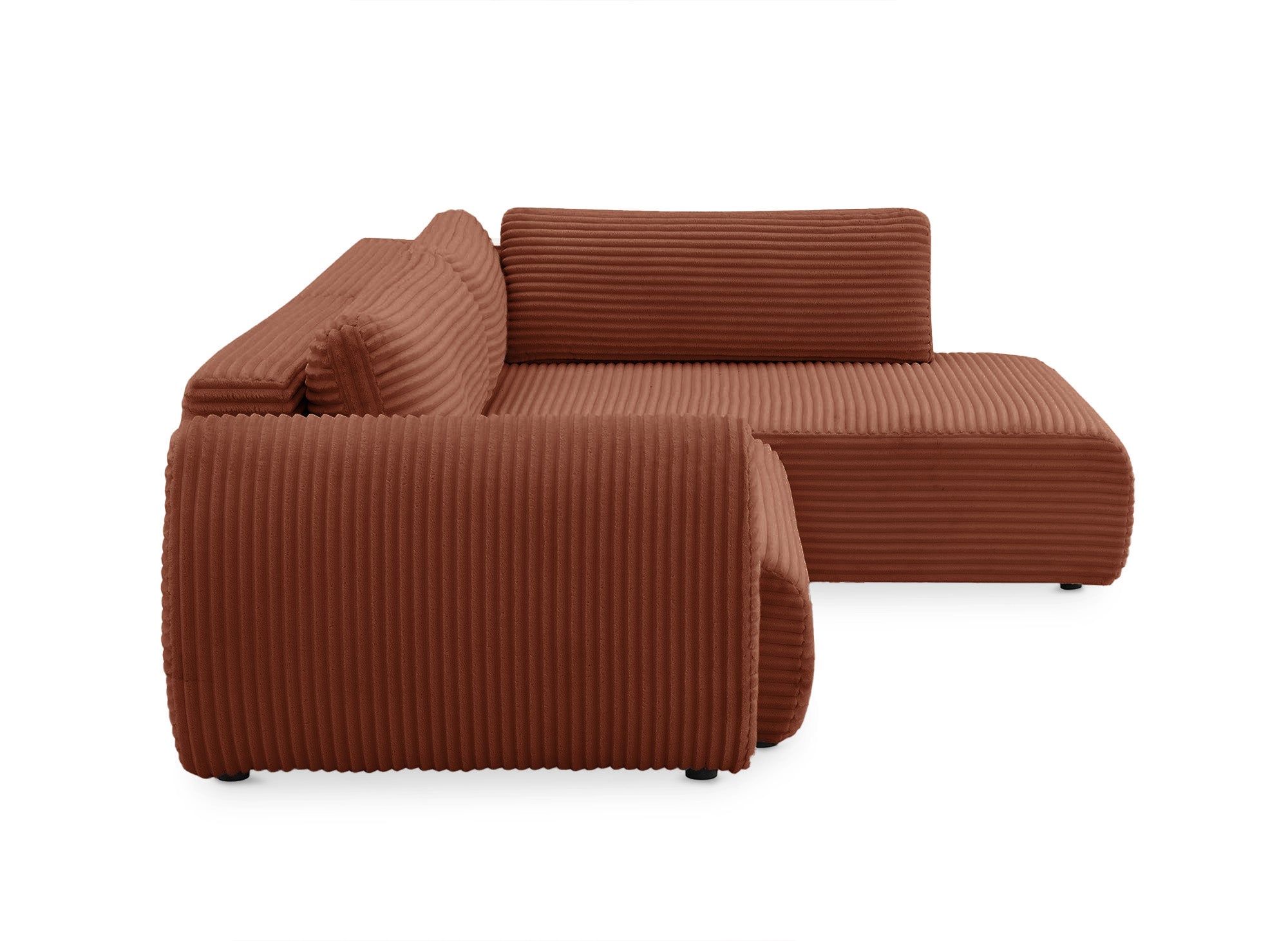 TILDA Terrakotta geripptes Ecksofa mit Schlaffunktion, Chaiselongue und Stauraum – rechter Winkel