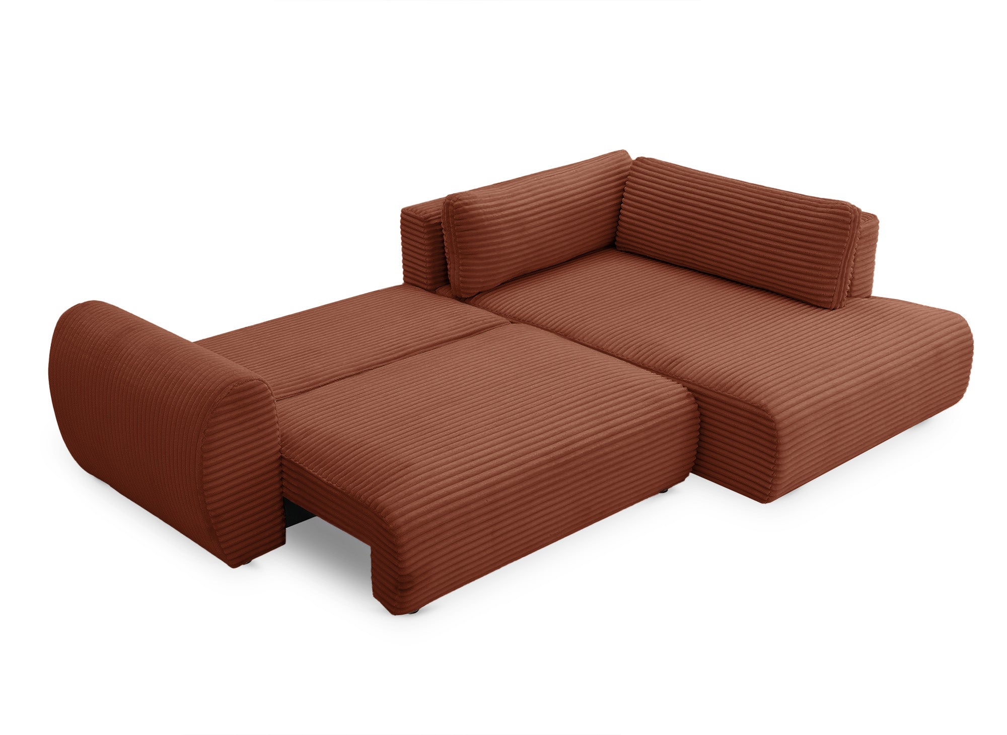 TILDA Terrakotta geripptes Ecksofa mit Schlaffunktion, Chaiselongue und Stauraum – rechter Winkel