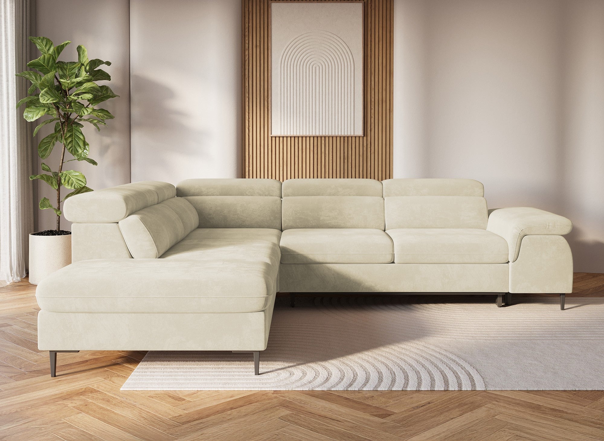 SWAN Ecksofa aus beigefarbenem Samt mit Aufbewahrungsbox – linke Ecke