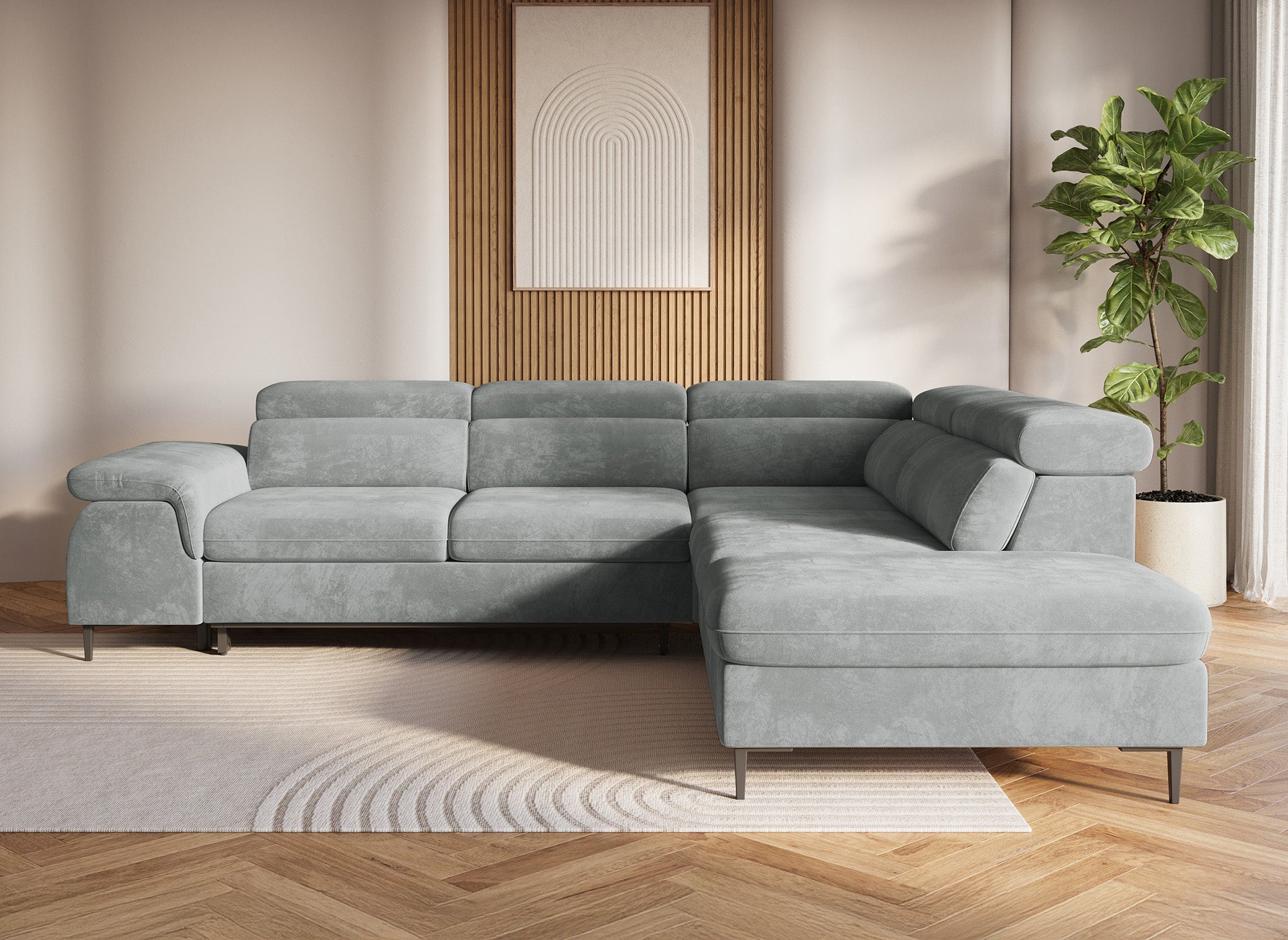 Umwandelbares Ecksofa aus grauem Samt mit Aufbewahrungsbox – rechtwinklig