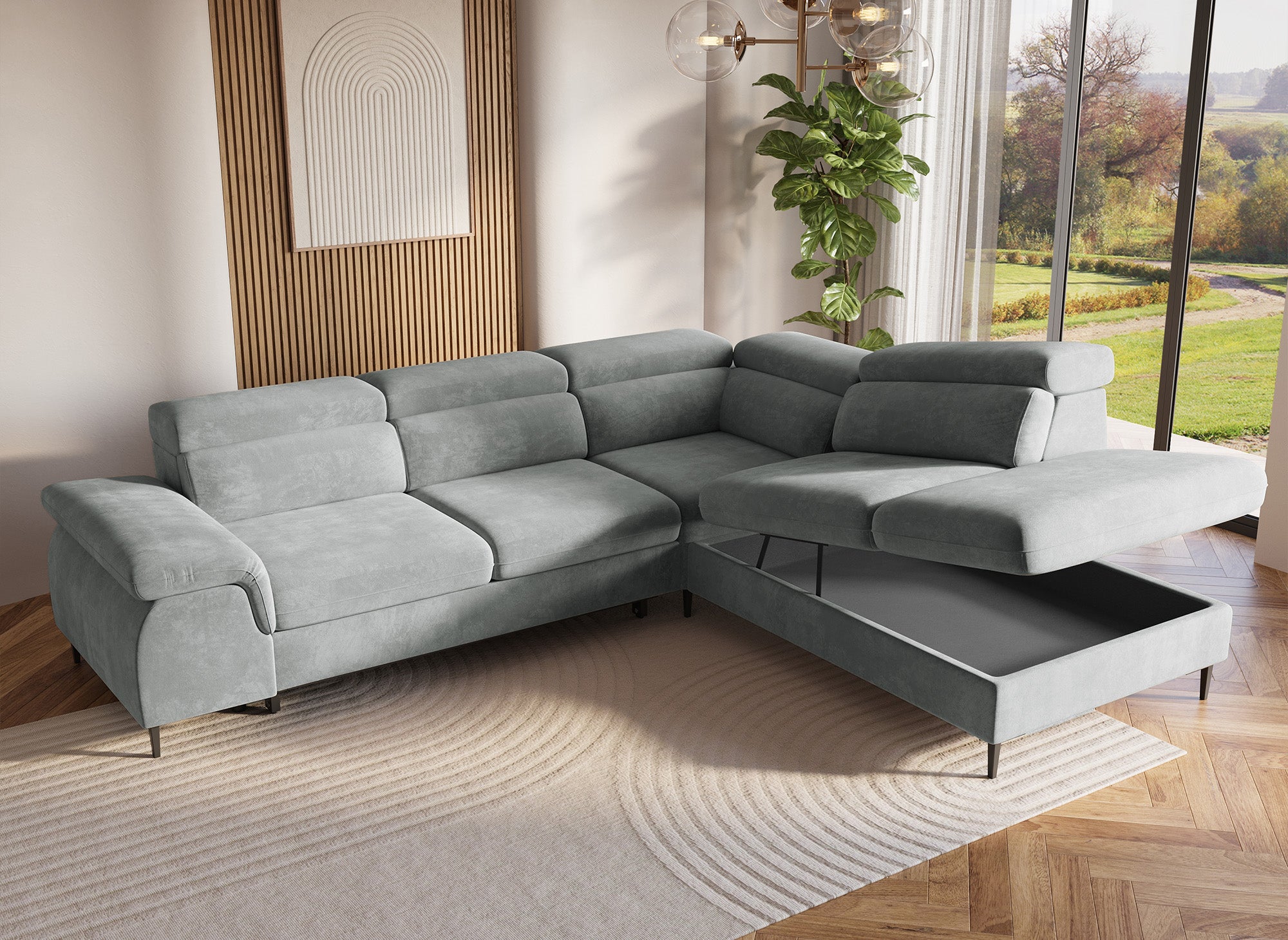 Umwandelbares Ecksofa aus grauem Samt mit Aufbewahrungsbox – rechtwinklig