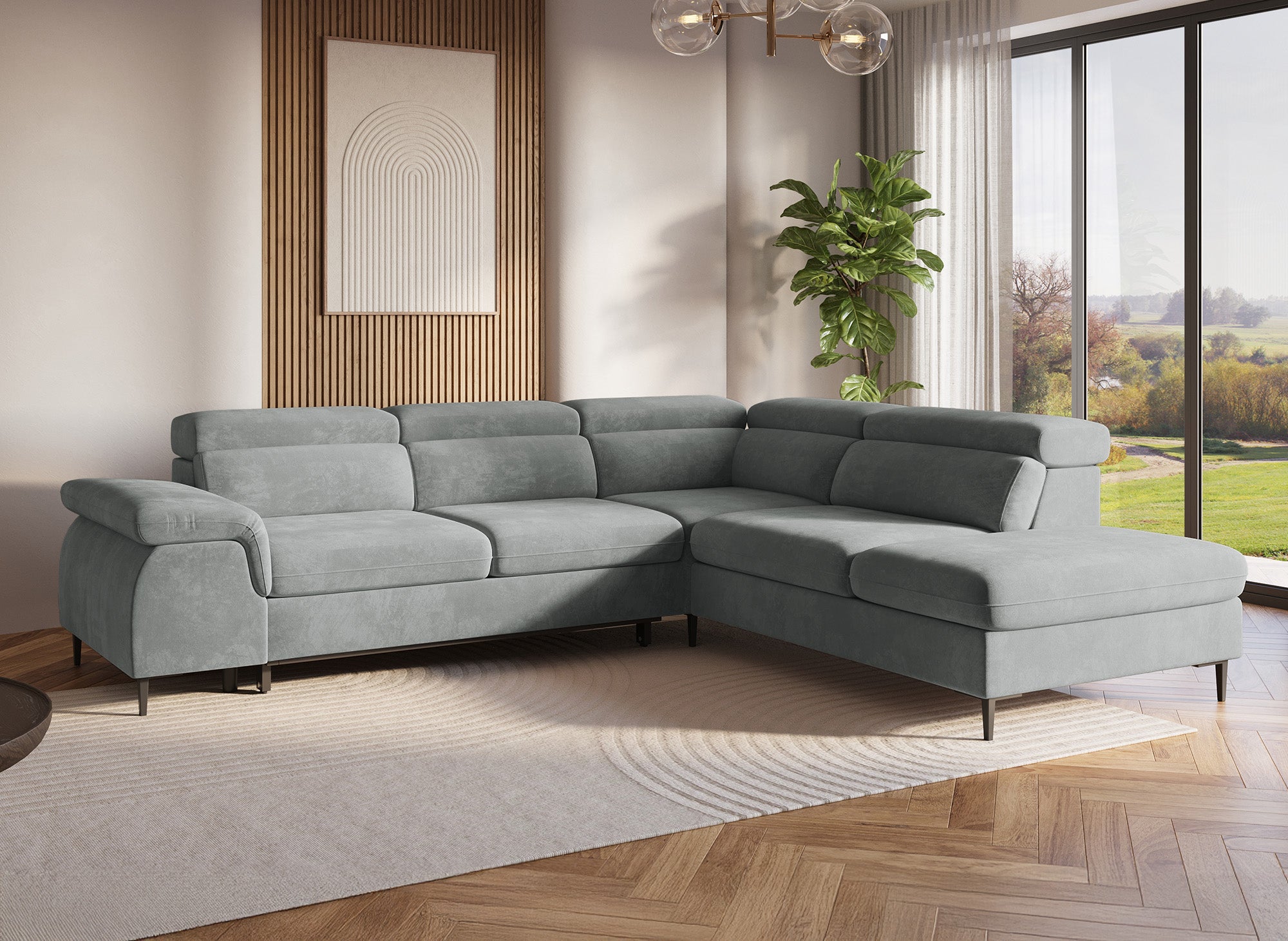 Umwandelbares Ecksofa aus grauem Samt mit Aufbewahrungsbox – rechtwinklig