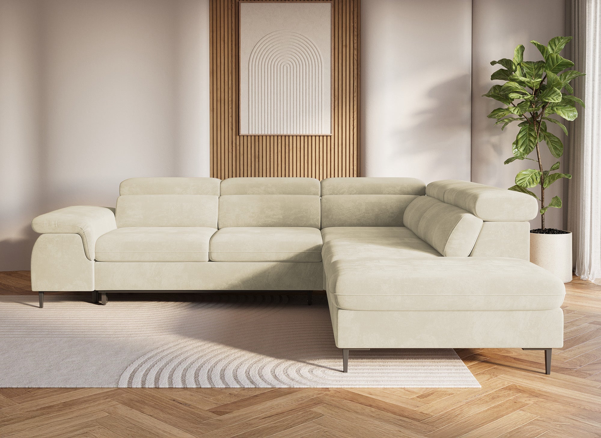 SWAN Ecksofa aus beigefarbenem Samt mit Aufbewahrungsbox - Rechtwinklig