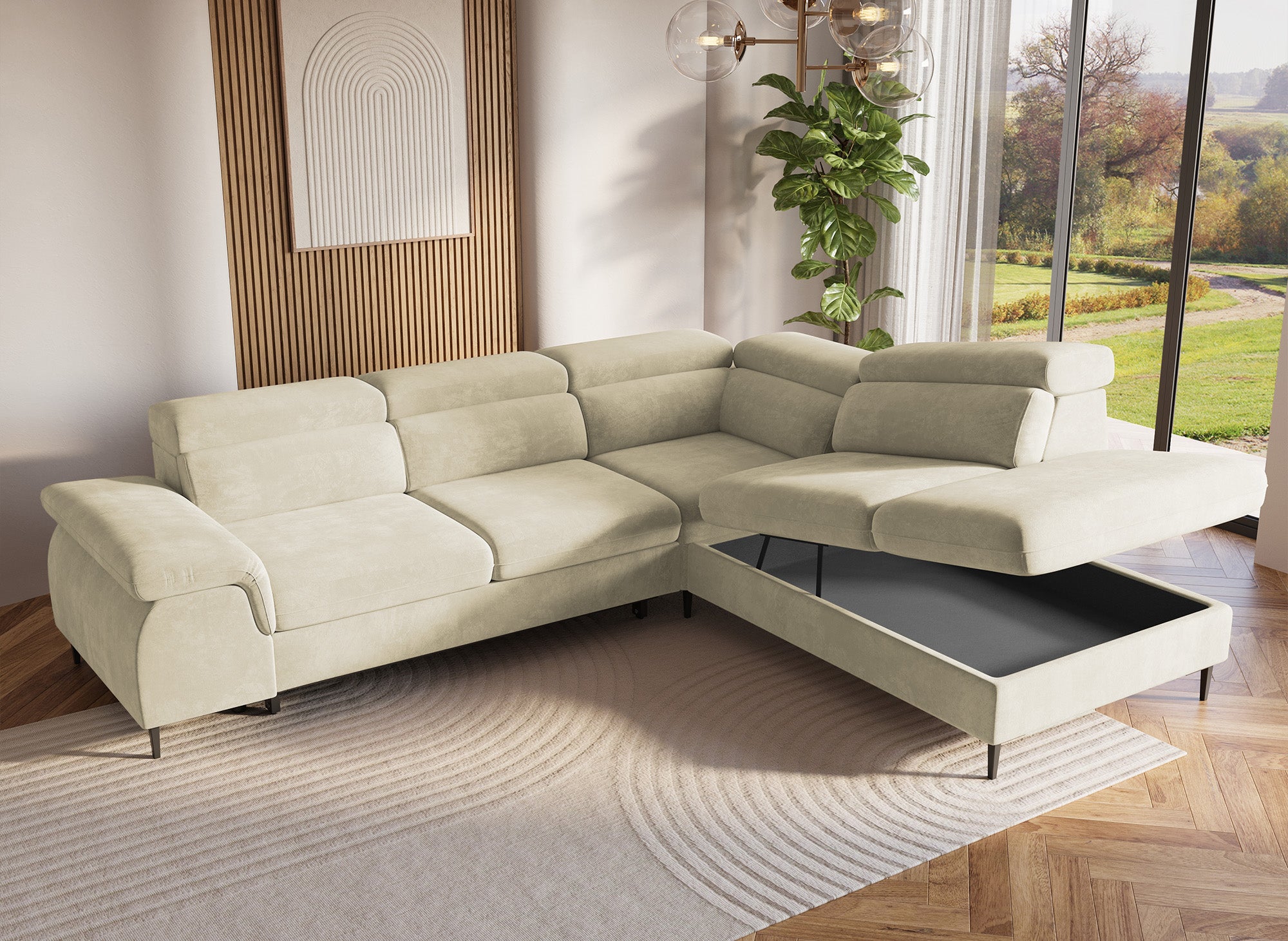 SWAN Ecksofa aus beigefarbenem Samt mit Aufbewahrungsbox - Rechtwinklig