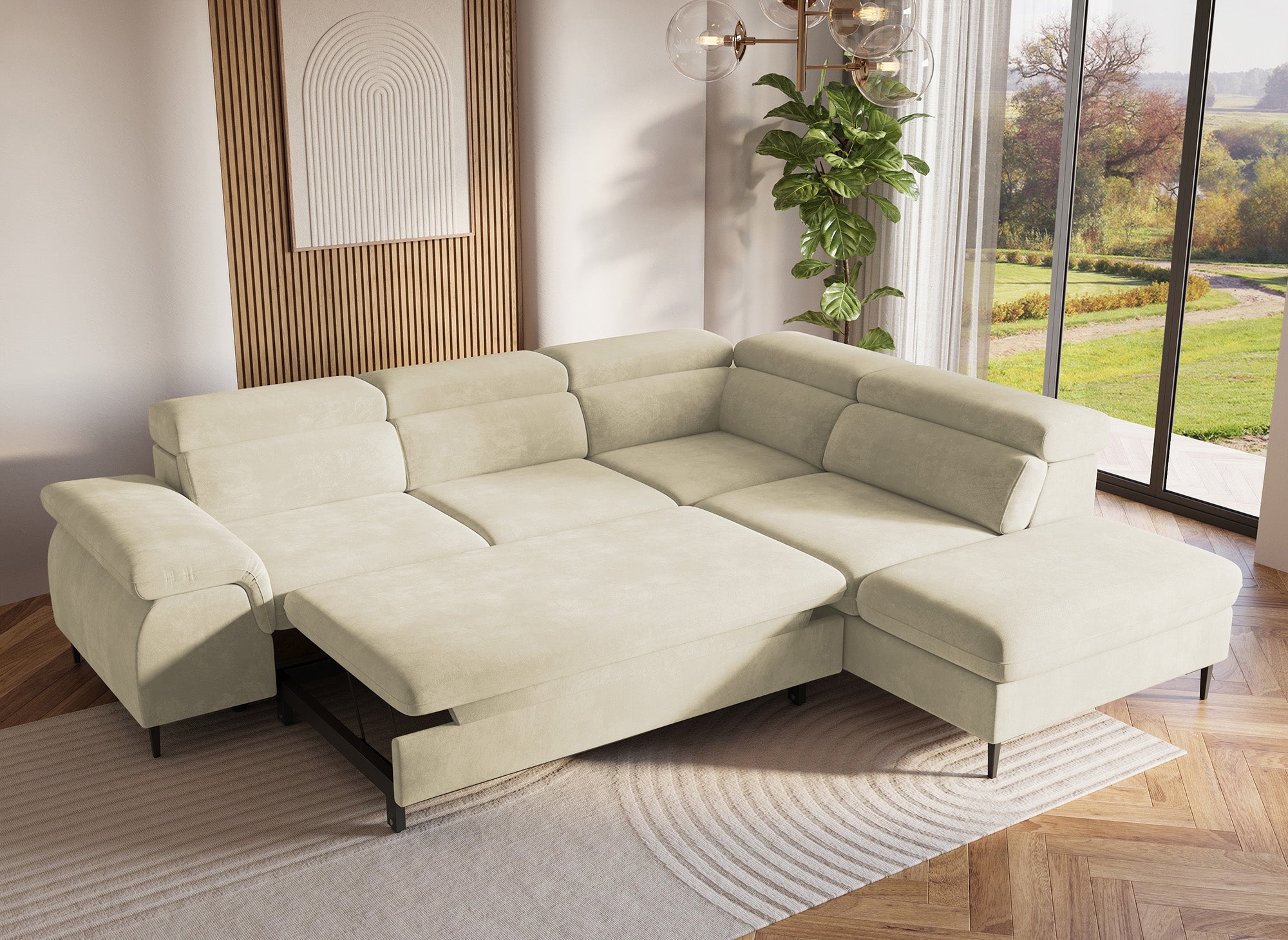 SWAN Ecksofa aus beigefarbenem Samt mit Aufbewahrungsbox - Rechtwinklig