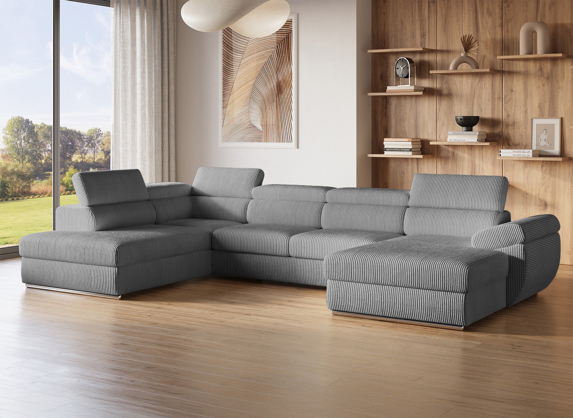 MARIANO Panoramasofa aus dickem grauem Cord mit Stauraum - rechtwinklig