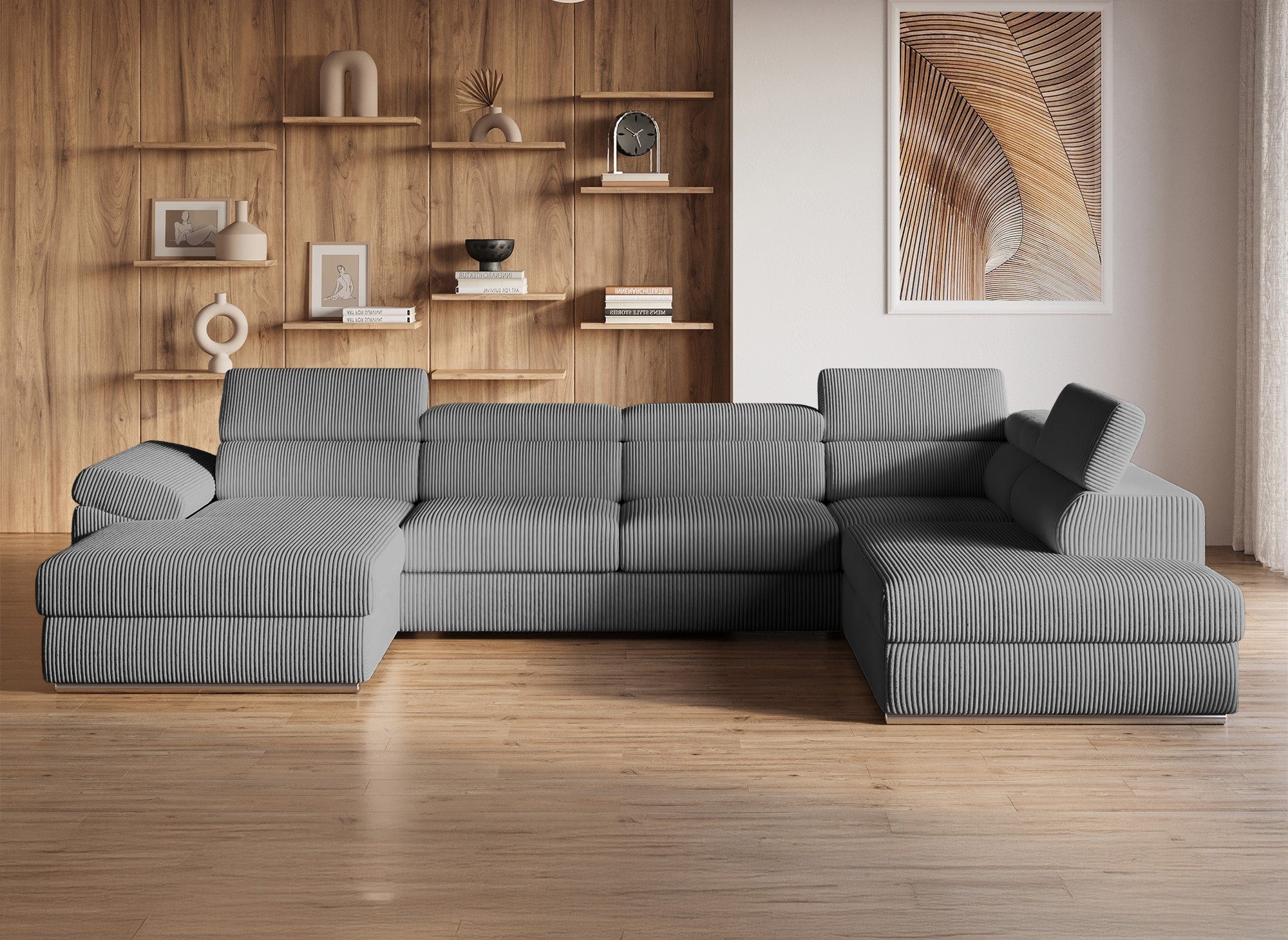 MARIANO Panoramasofa aus dickem grauem Cord mit Stauraum - Linke Ecke