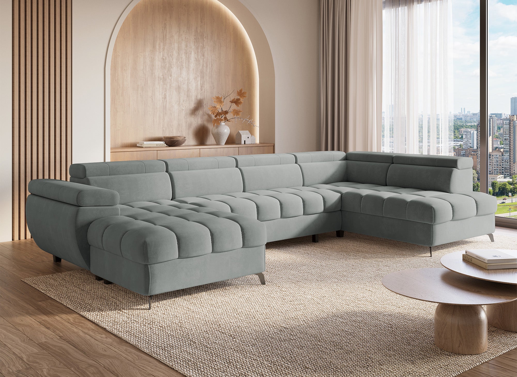 LUCIANO, umwandelbares Panoramasofa aus grauem Samt mit gestepptem Stauraum – Linke Ecke