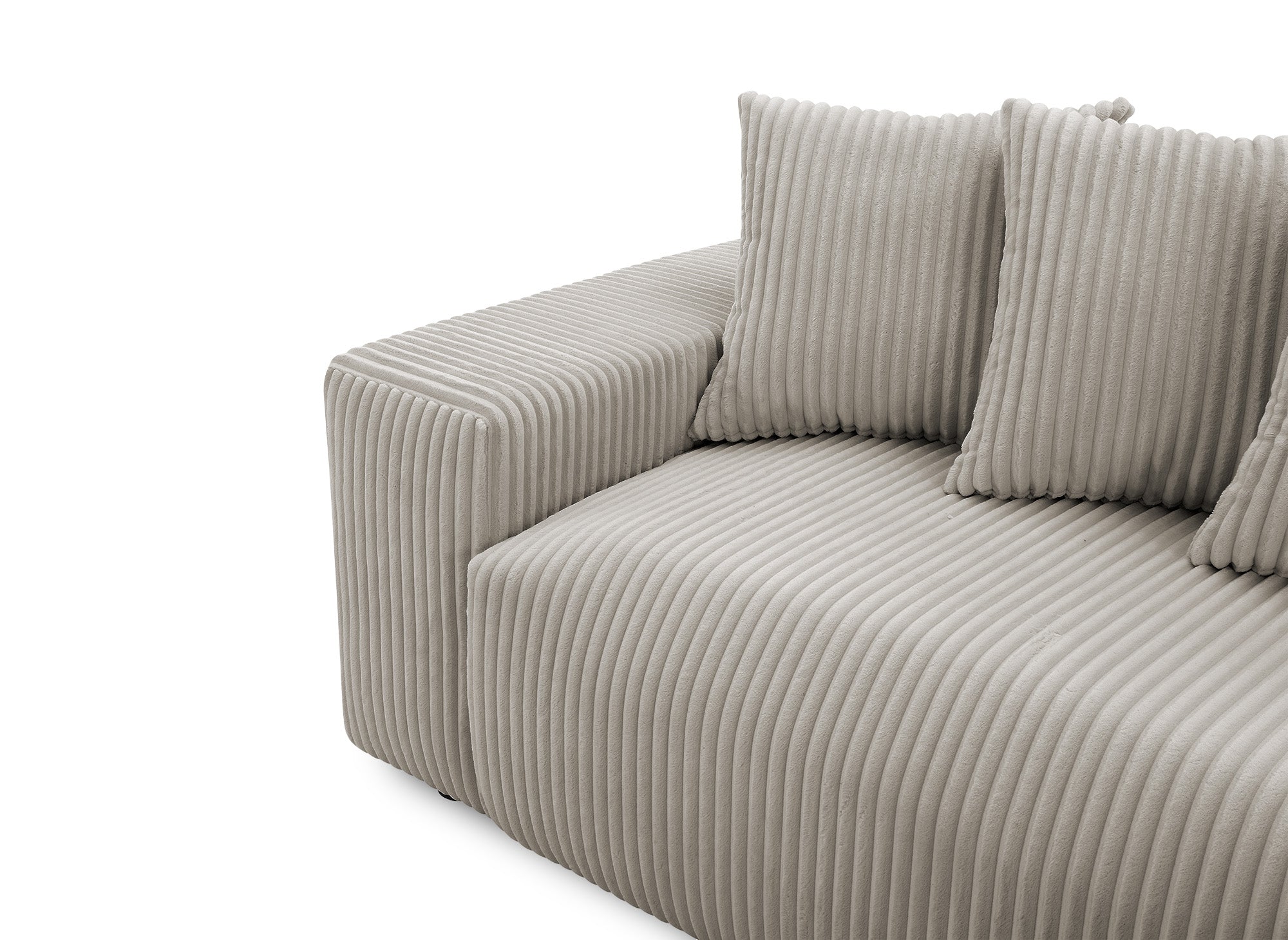 NOELIA, wendbares Eckschlafsofa mit Stauraum aus dickem Taupe-Cord