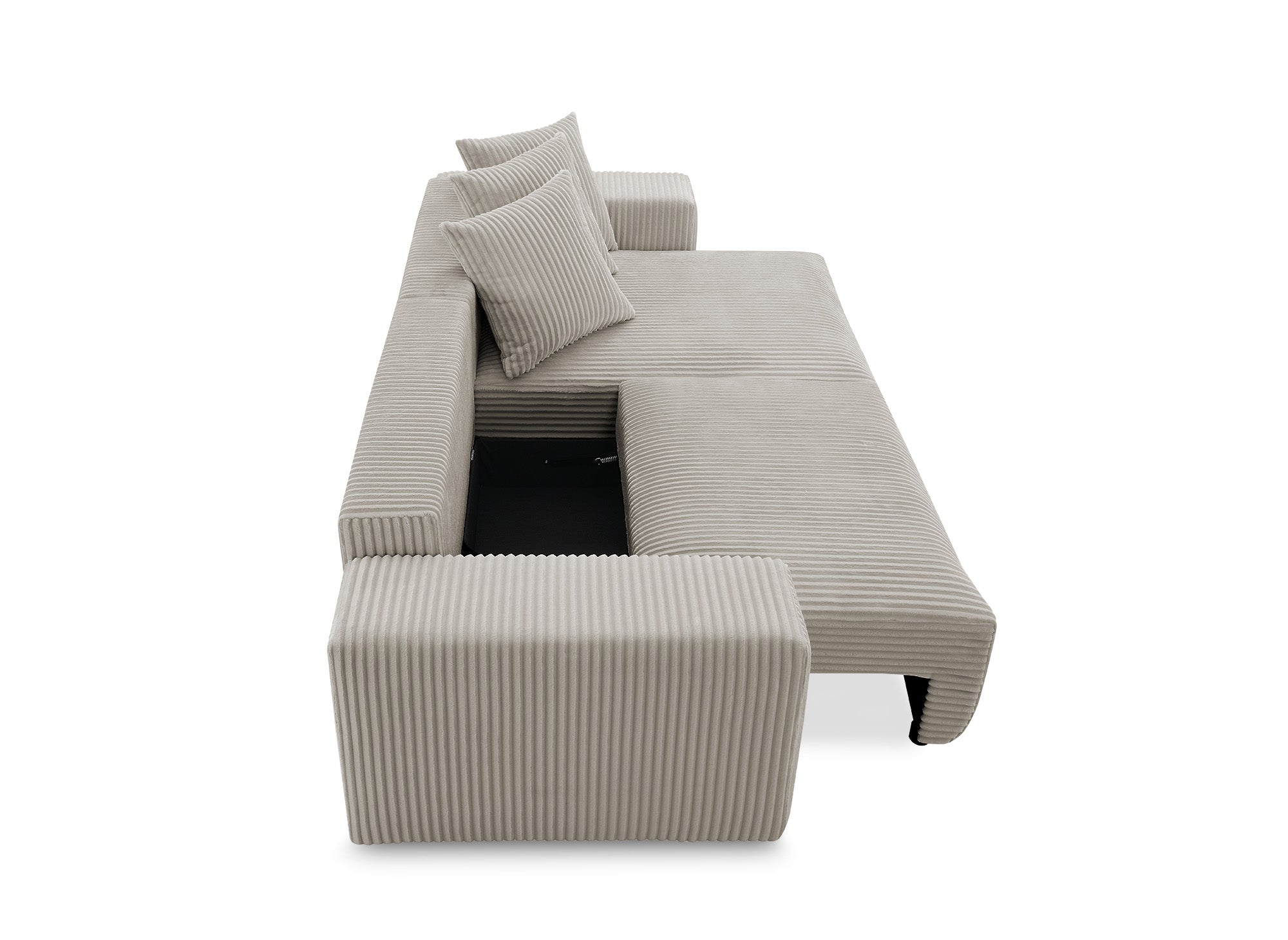 NOELIA, wendbares Eckschlafsofa mit Stauraum aus dickem Taupe-Cord