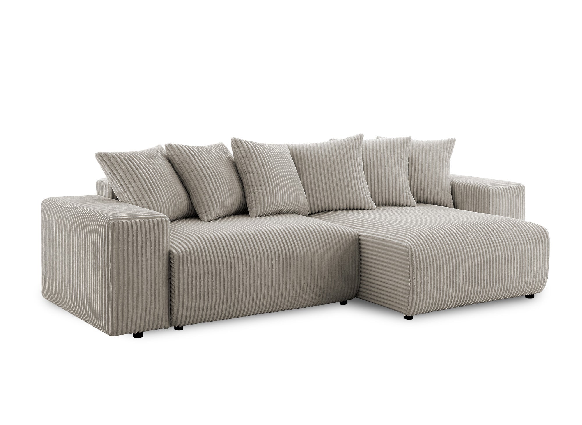NOELIA, wendbares Eckschlafsofa mit Stauraum aus dickem Taupe-Cord