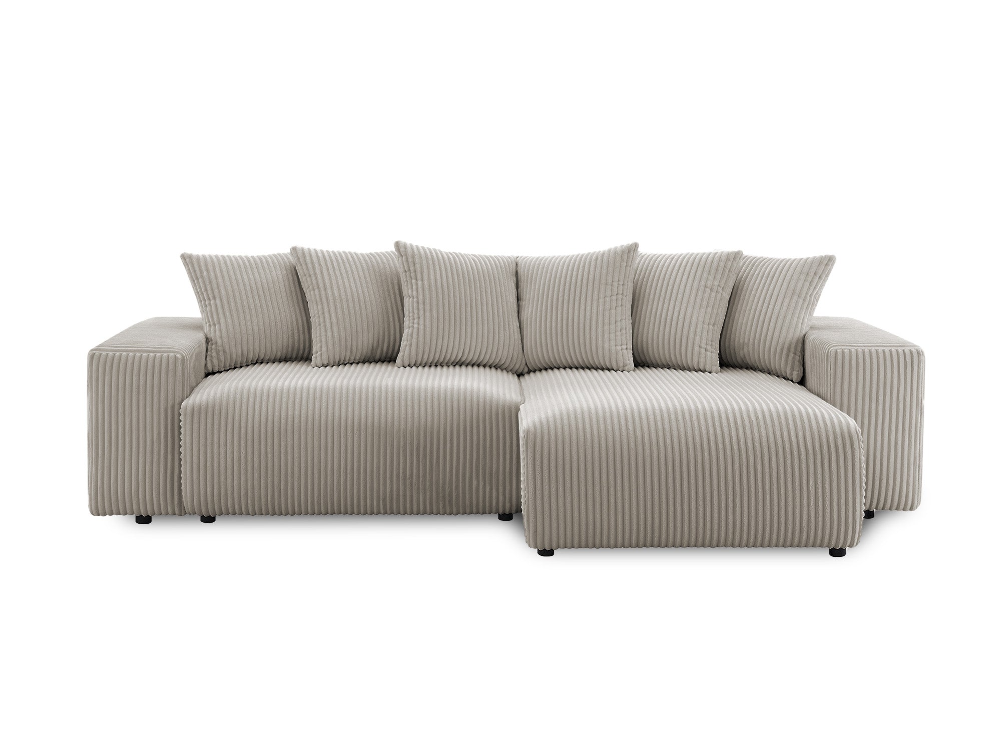NOELIA, wendbares Eckschlafsofa mit Stauraum aus dickem Taupe-Cord