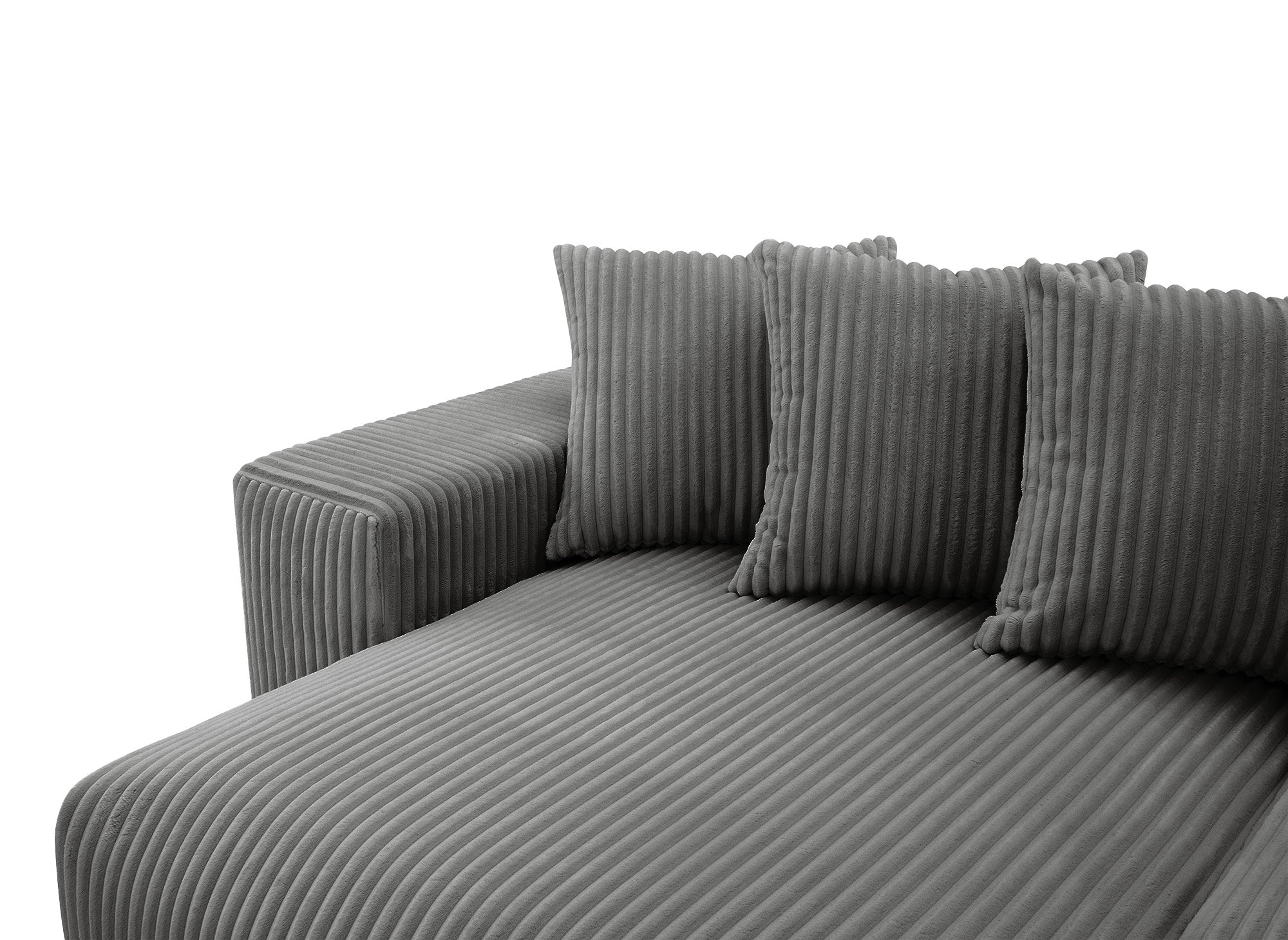 NOELIA, wendbares Ecksofa mit Bettkasten und Stauraum aus dickem grauem Cord