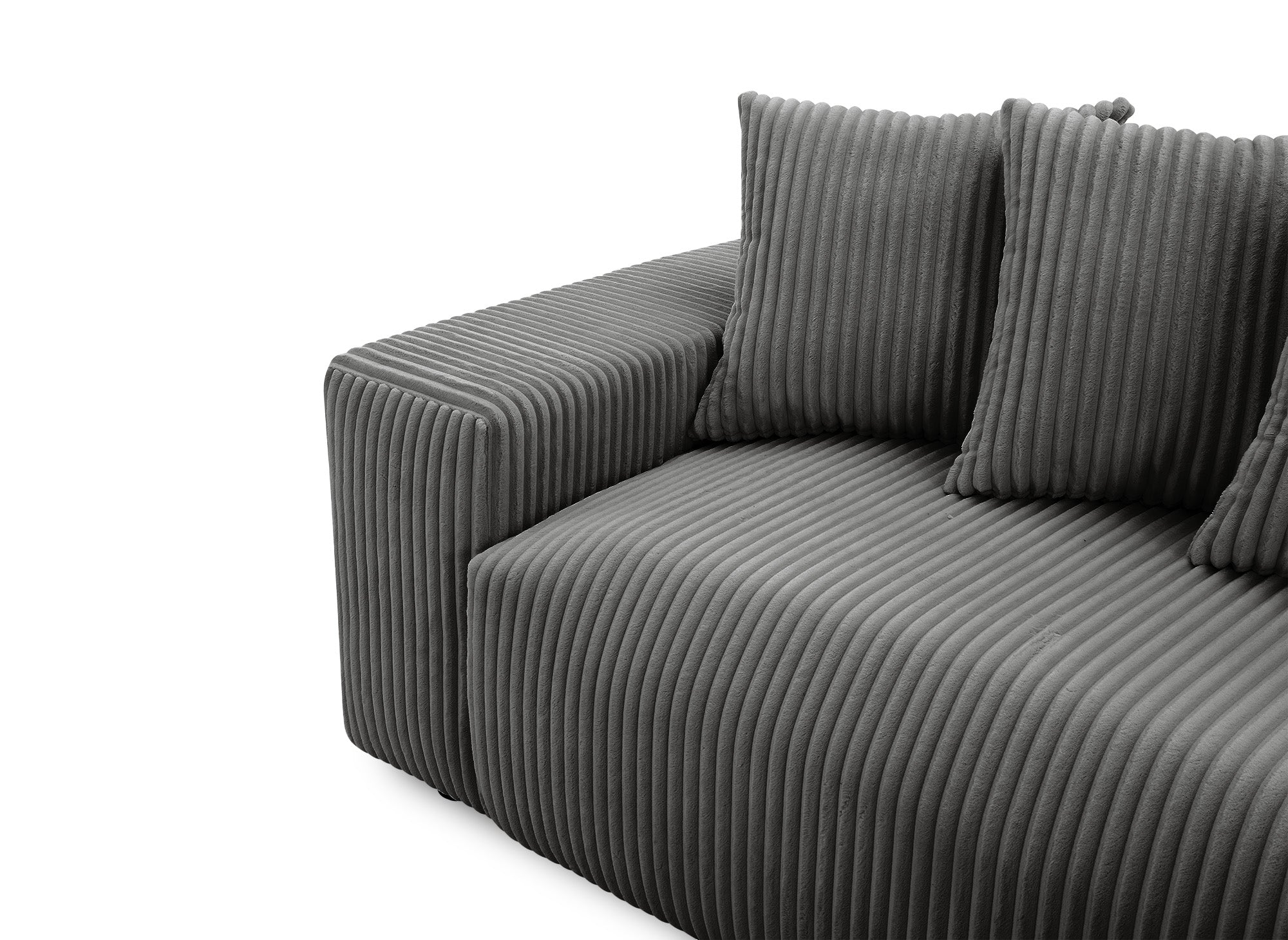 NOELIA, wendbares Ecksofa mit Bettkasten und Stauraum aus dickem grauem Cord
