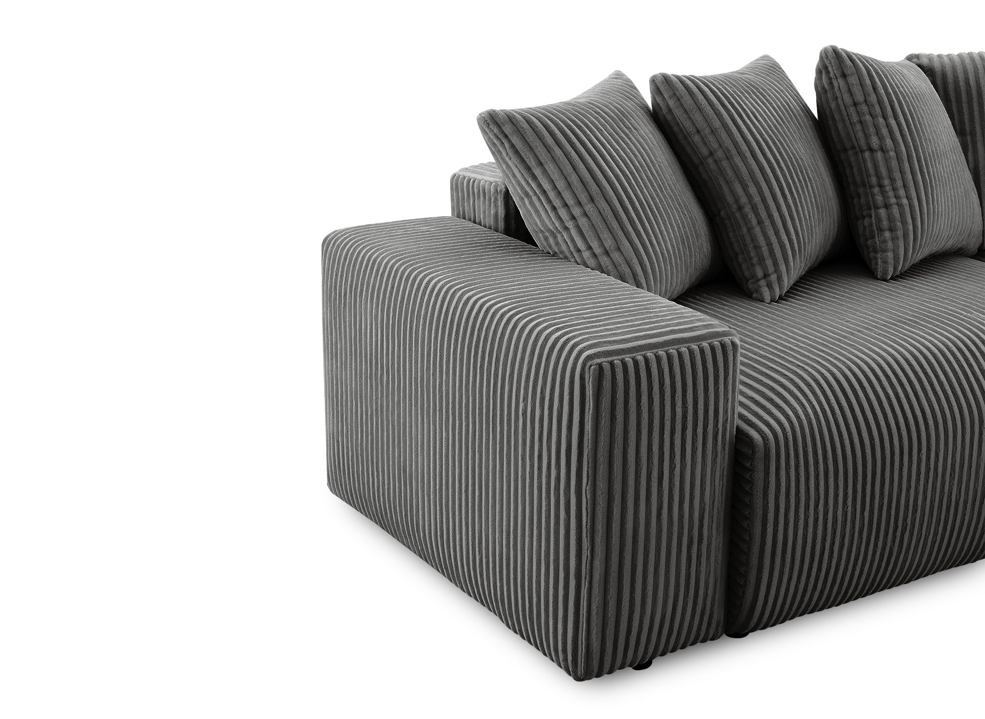 NOELIA, wendbares Ecksofa mit Bettkasten und Stauraum aus dickem grauem Cord