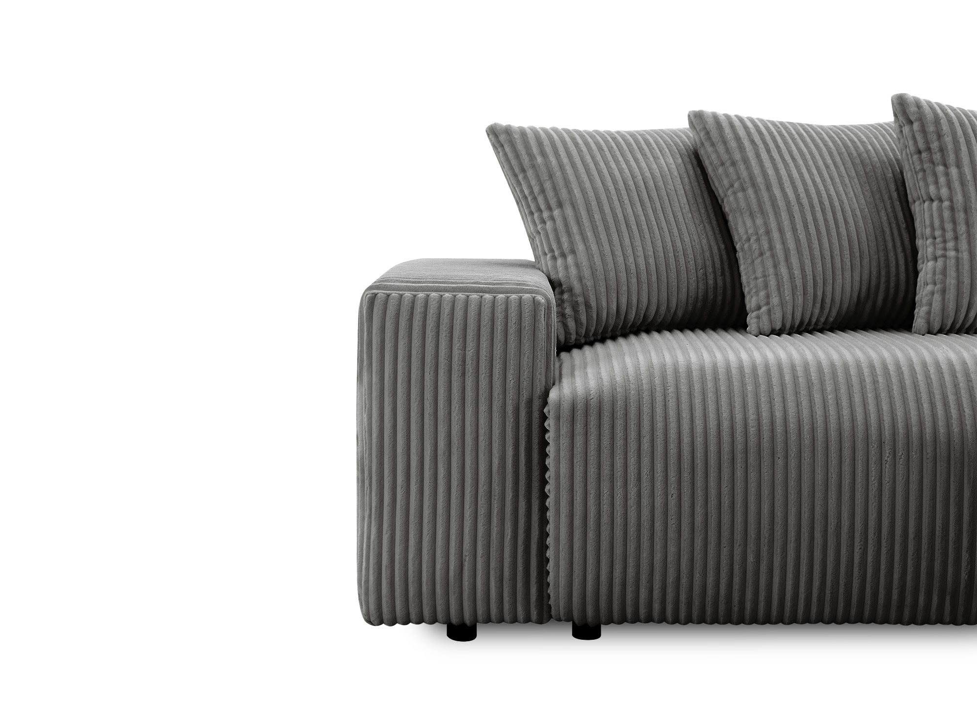 NOELIA, wendbares Ecksofa mit Bettkasten und Stauraum aus dickem grauem Cord