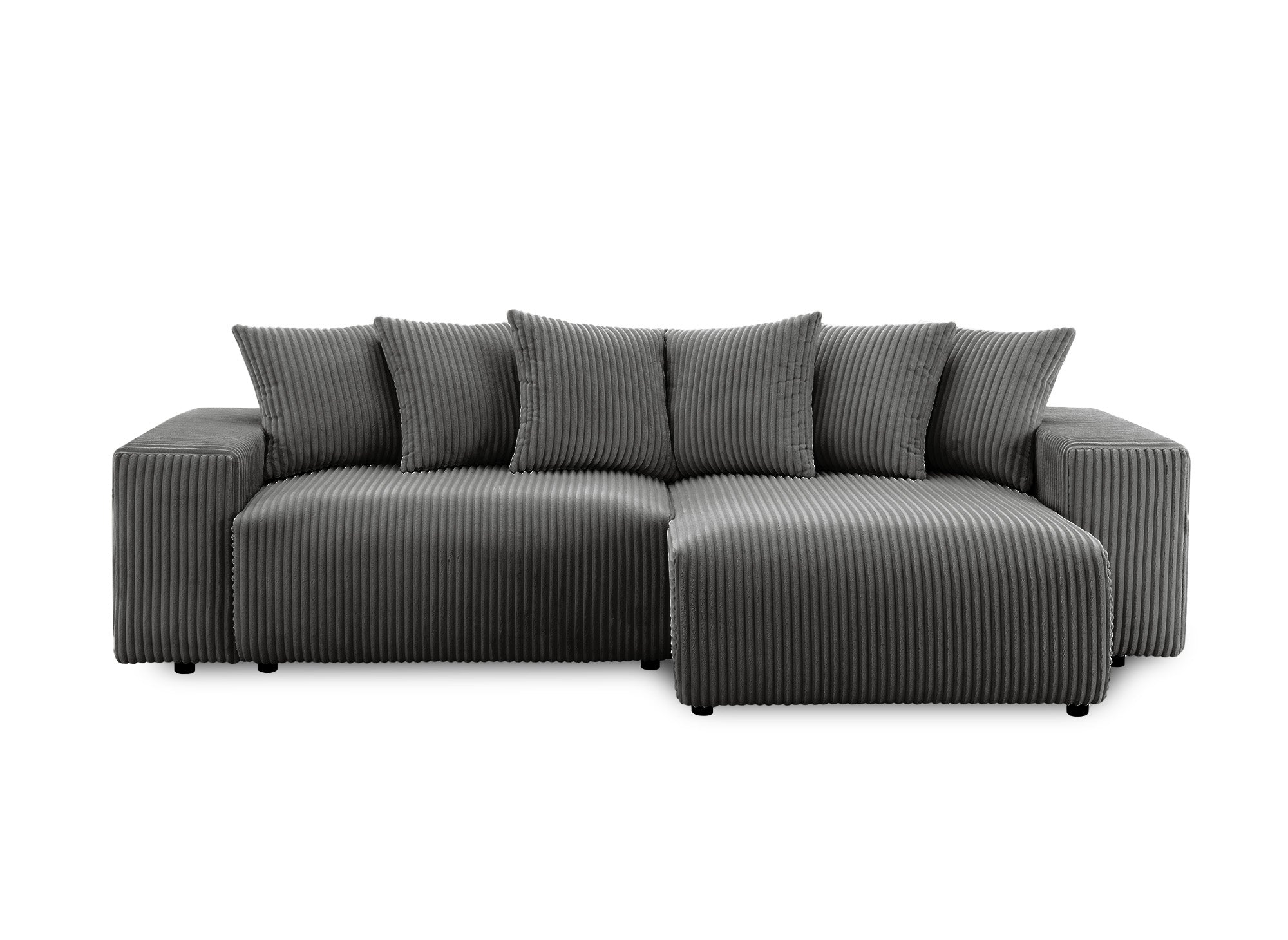 NOELIA, wendbares Ecksofa mit Bettkasten und Stauraum aus dickem grauem Cord