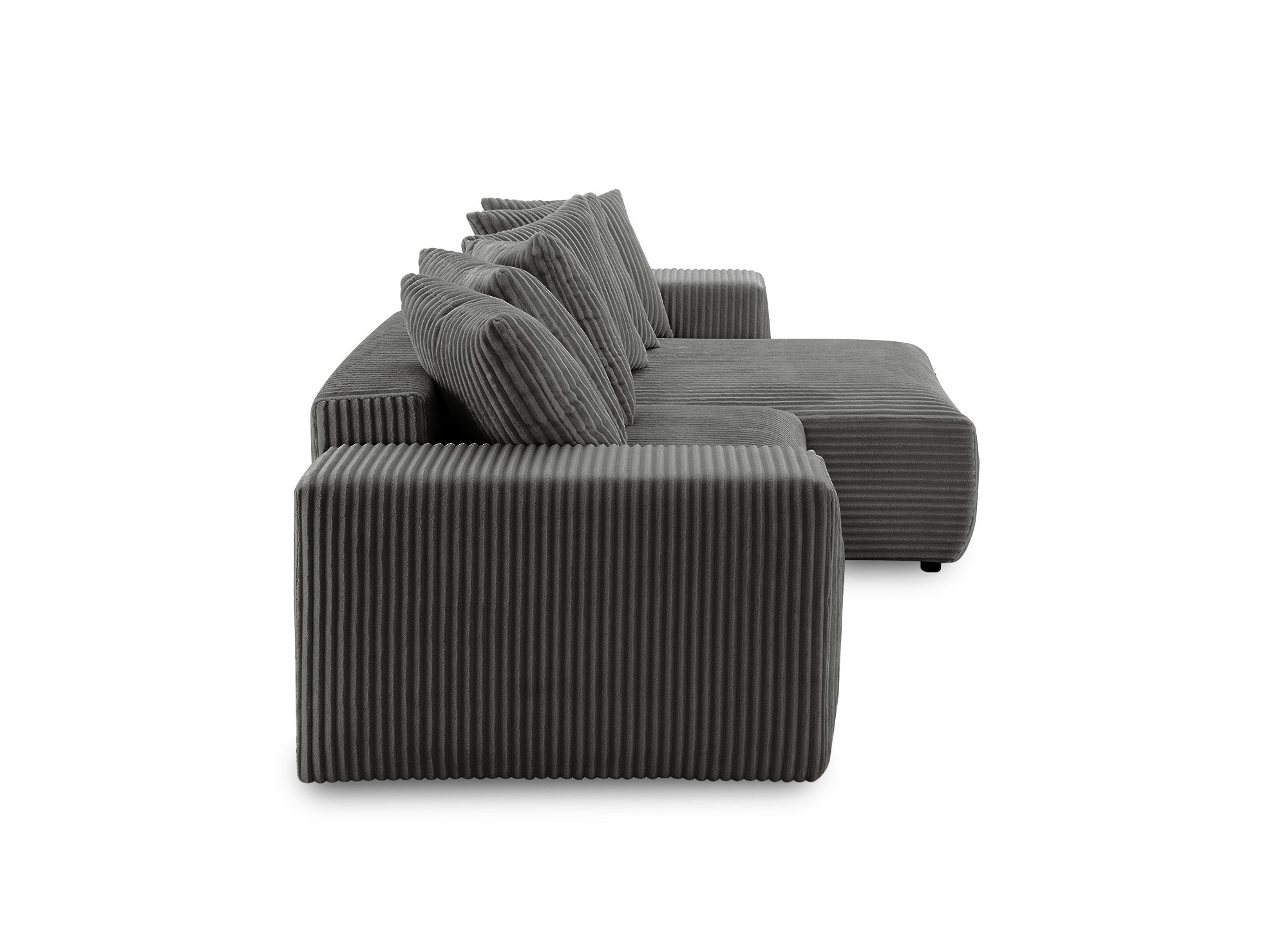 NOELIA, wendbares Ecksofa mit Bettkasten und Stauraum aus dickem grauem Cord