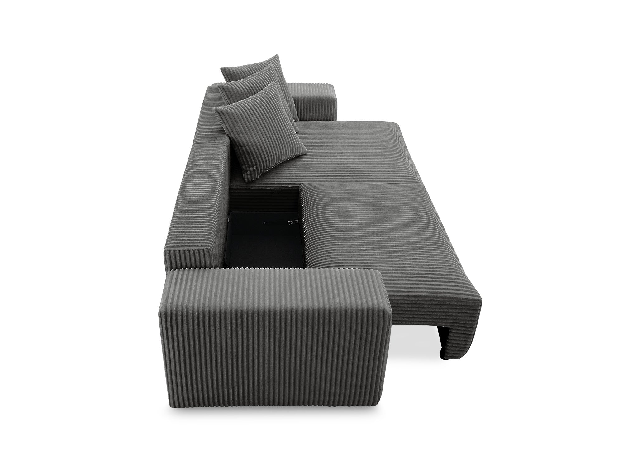 NOELIA, wendbares Ecksofa mit Bettkasten und Stauraum aus dickem grauem Cord