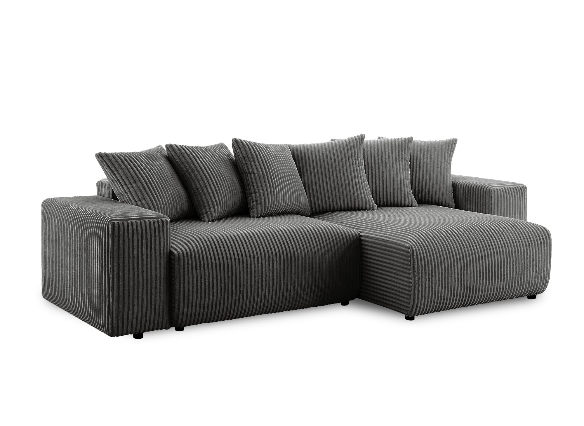 NOELIA, wendbares Ecksofa mit Bettkasten und Stauraum aus dickem grauem Cord