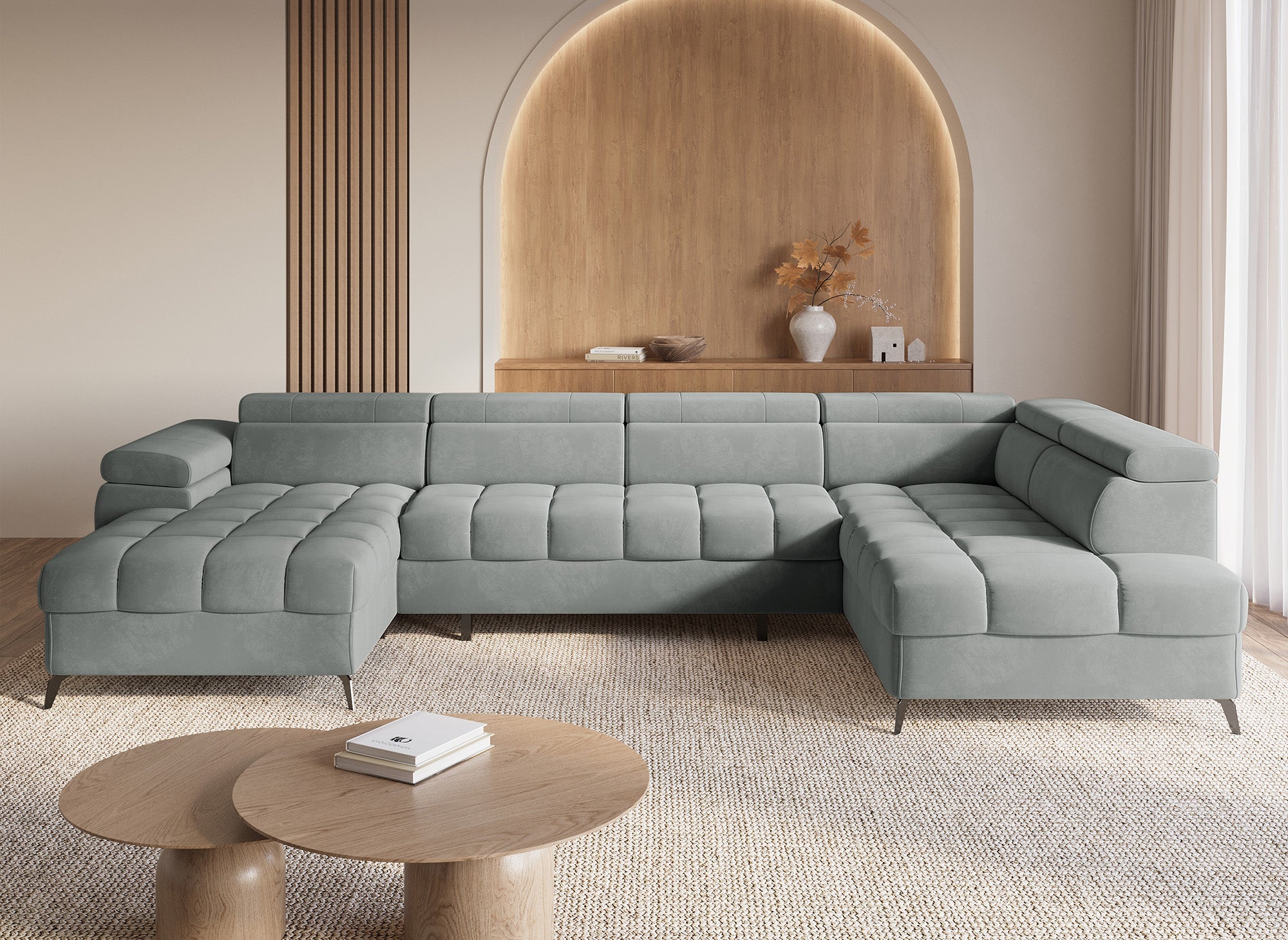 LUCIANO, umwandelbares Panoramasofa aus grauem Samt mit gestepptem Stauraum – Linke Ecke