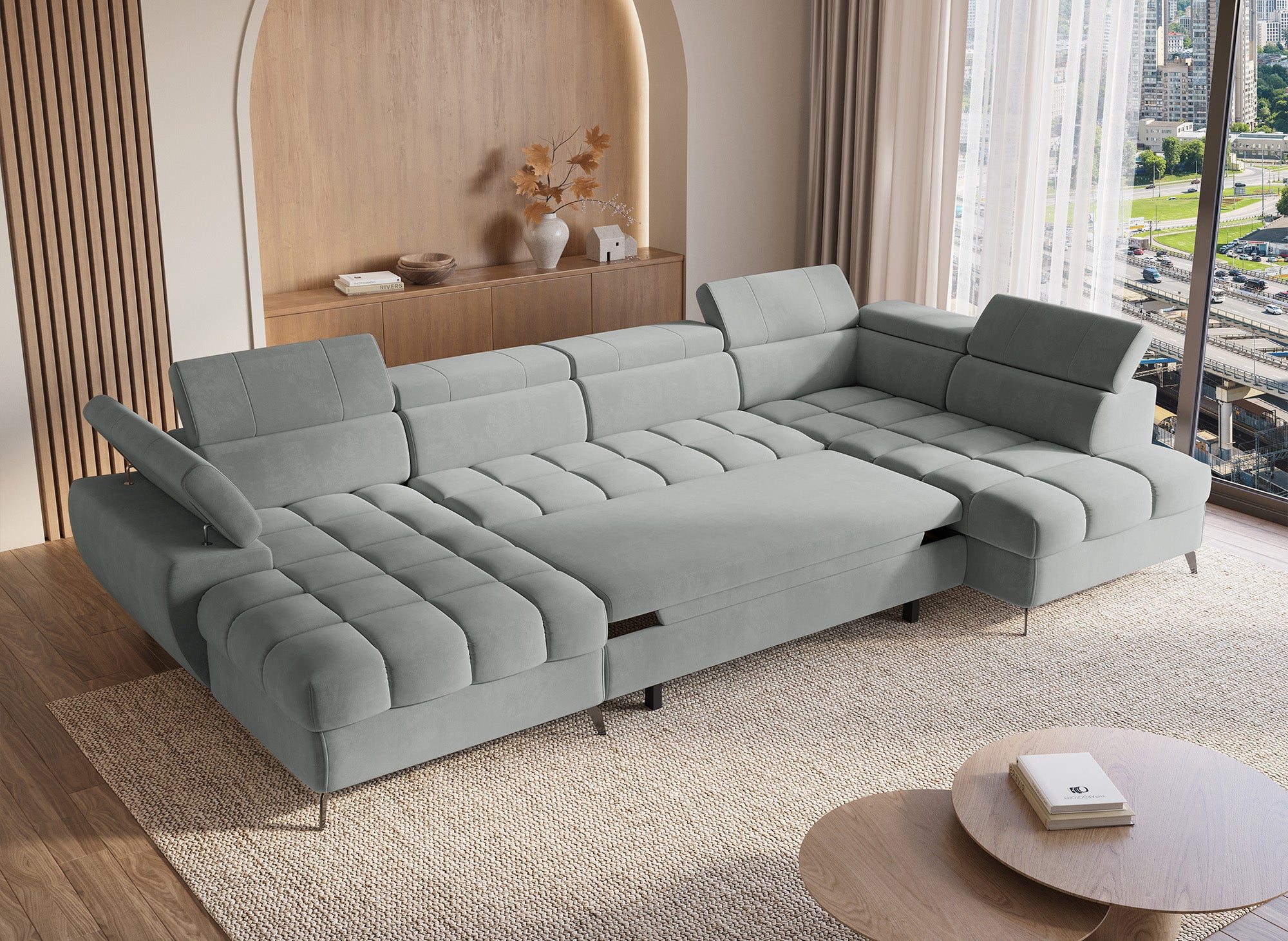 LUCIANO, umwandelbares Panoramasofa aus grauem Samt mit gestepptem Stauraum – Linke Ecke