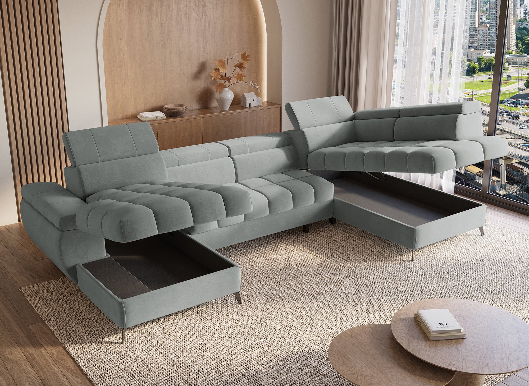 LUCIANO, umwandelbares Panoramasofa aus grauem Samt mit gestepptem Stauraum – Linke Ecke