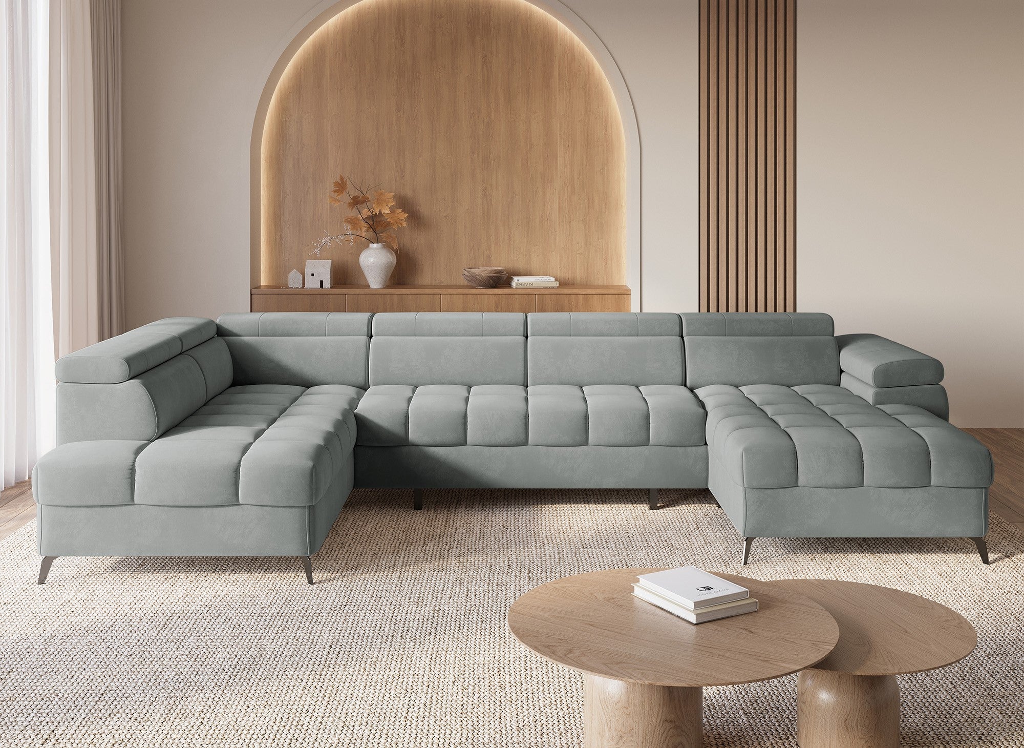 LUCIANO, umwandelbares Panoramasofa aus grauem Samt mit gestepptem Stauraum – rechtwinklig