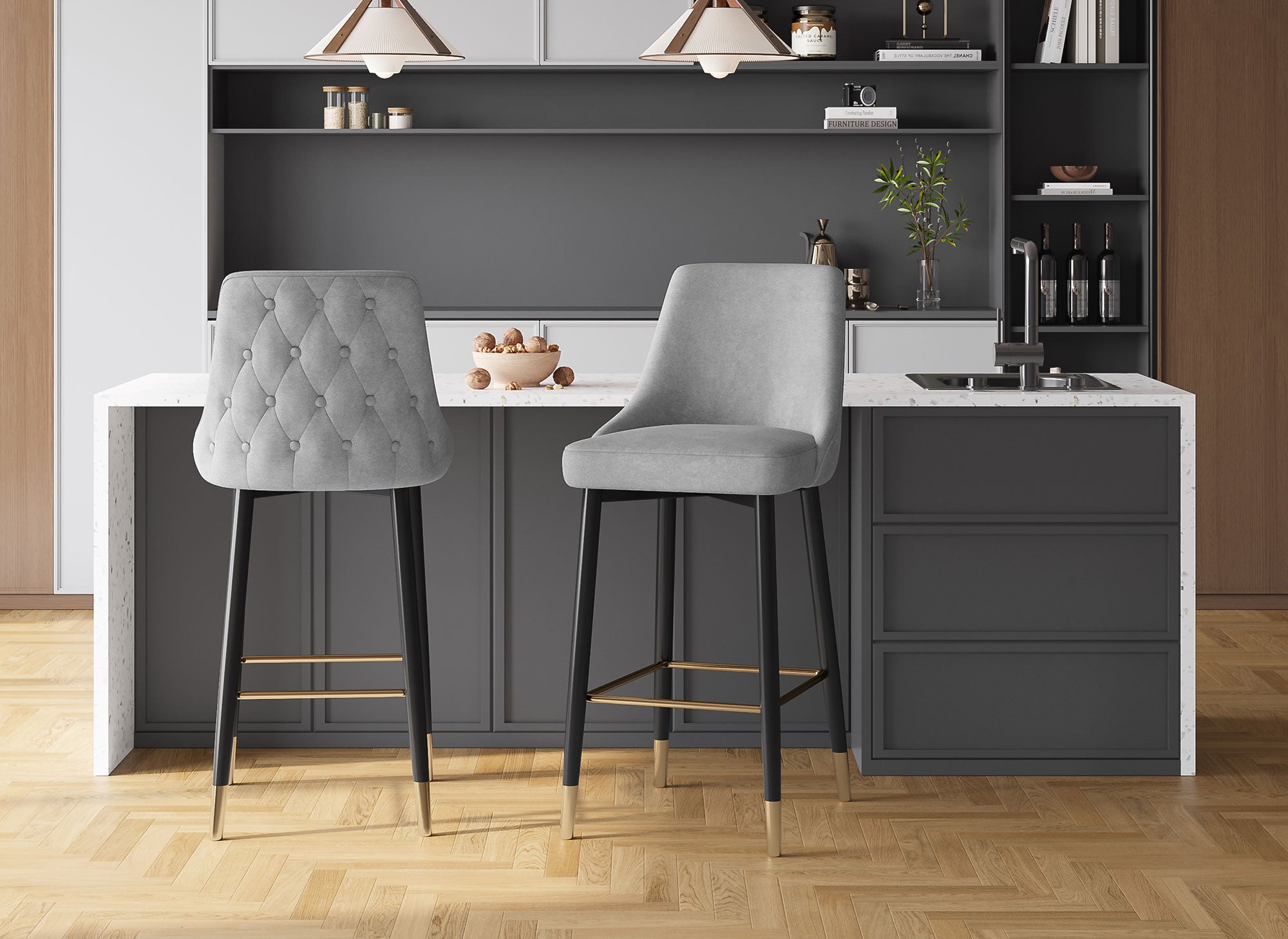 2er-Set DORINA Barhocker aus grauem Samt