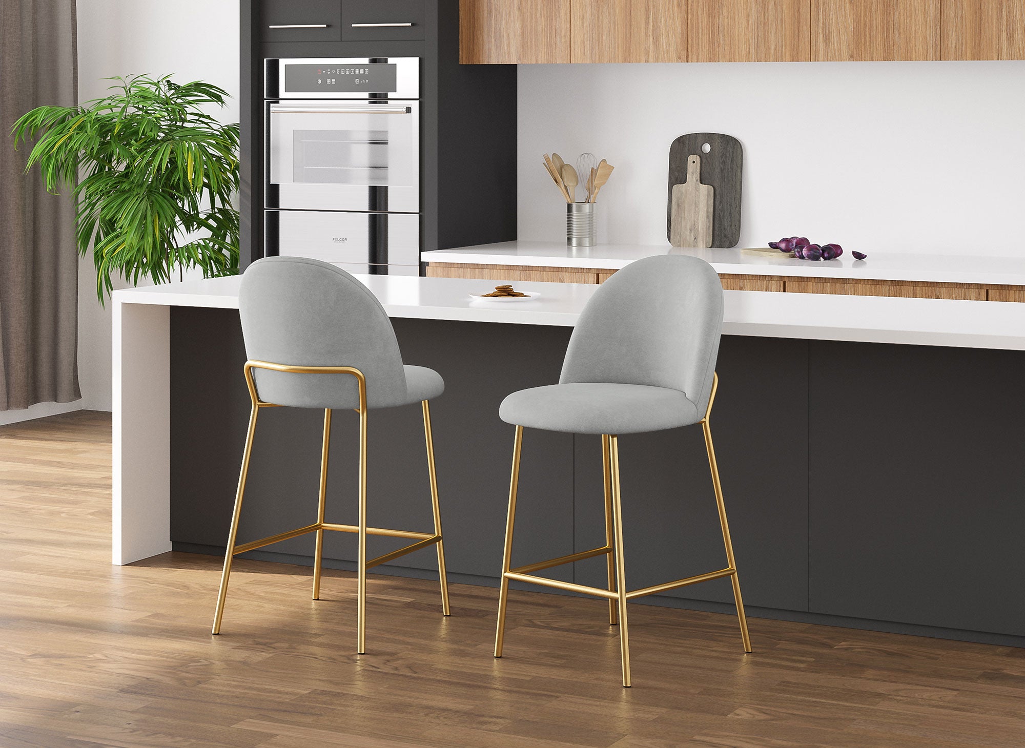 2er-Set Designer-Barhocker aus grauem Samt ARABEL