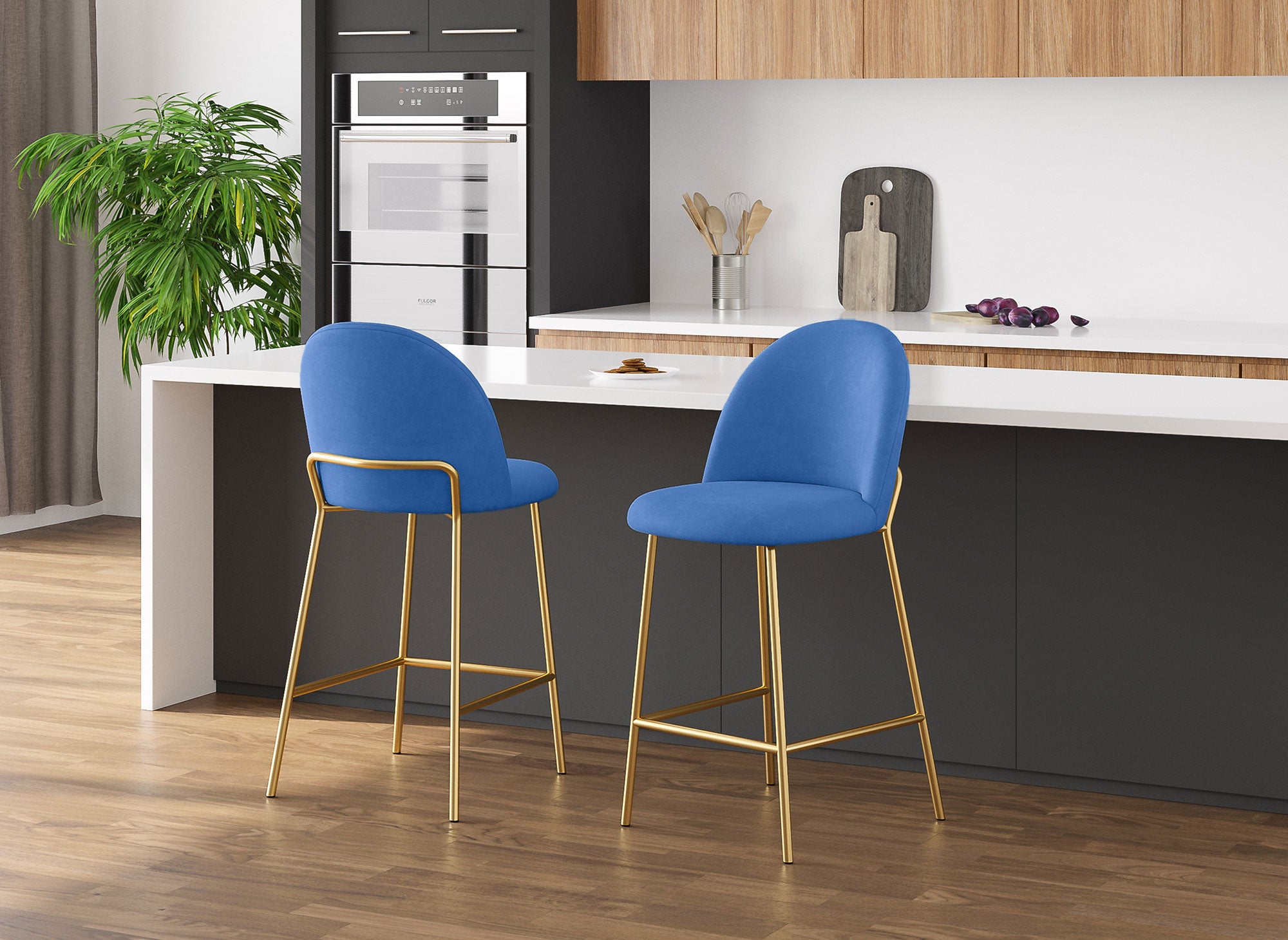 2er-Set Designer-Barhocker aus blauem Samt ARABEL