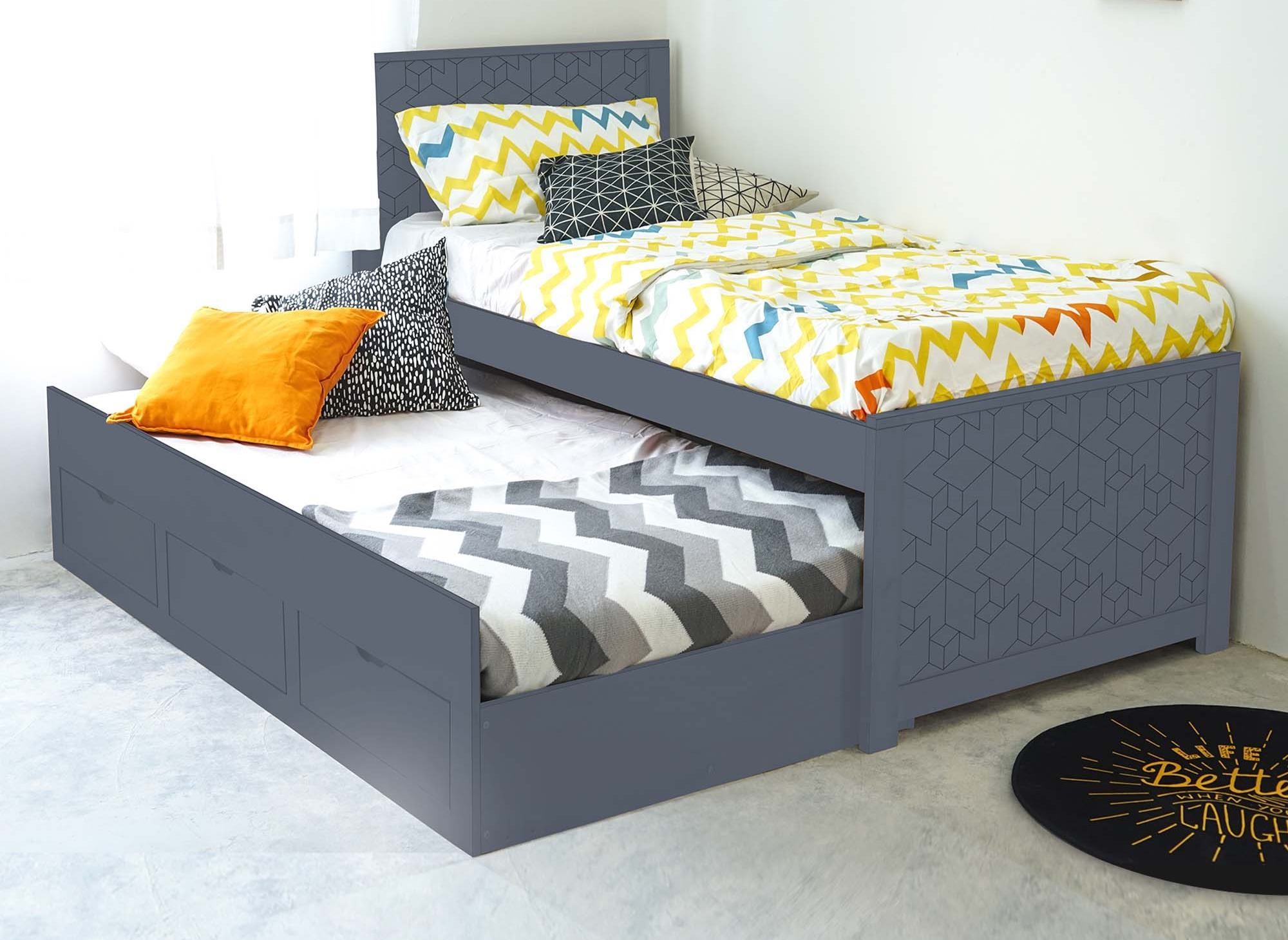 ENORA Ausziehbett aus grauem Holz mit Schubladen 90 x 190 cm